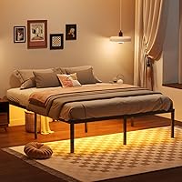 Vista 9 de Marco de cama individual de 14 pulgadas, marco de cama de metal con luces LED, plataforma de listones de acero básico resistente, enchufes y USB,