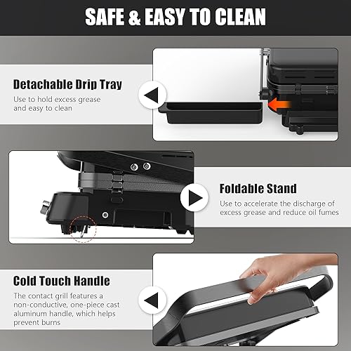 Miniatura 8 de CATTLEMAN Panini Grill Press Sandwichera con placas extraíbles, 1600 W, 5 en 1 sin humo para interior y plancha con termómetro de carne, placas