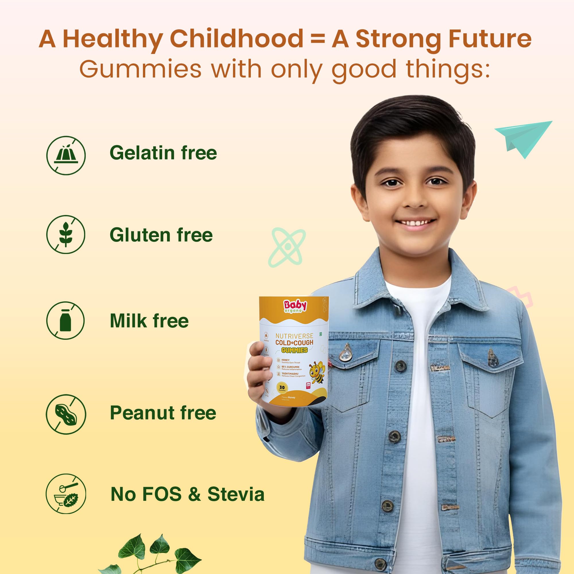 BabyOrgano Cough & Cold Relief Gummies for Kids 2-15 Years | Yashtimadhu, Turmeric & Ginger | Sore Throat & Congestion Support | Non-Drowsy, Gelatin & Gluten-Free | Honey Flavour | 30 Gummies 2