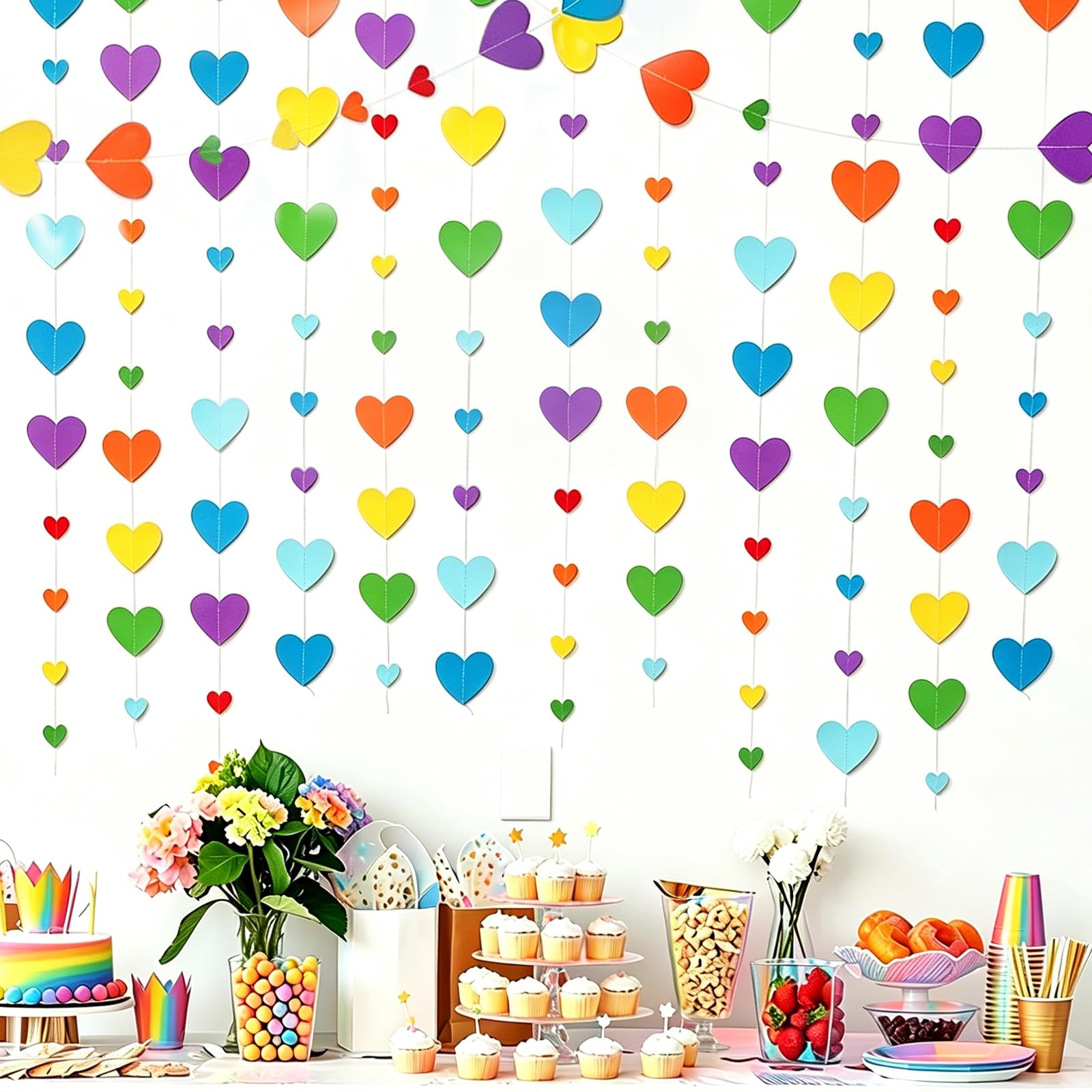 NIXRET 4 strips Rainbow Love Heart Garland Colorful Hanging Paper