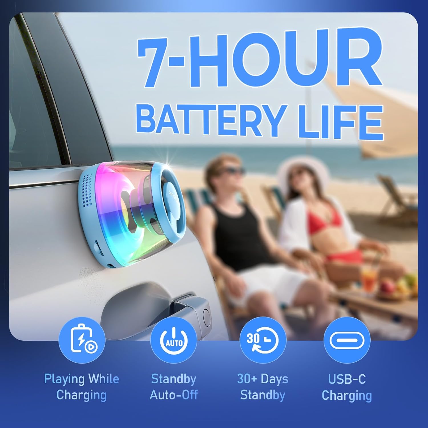 heetipuk M2 speaker being used outdoors, illustrating its 7-hour battery life and USB-C charging capability.