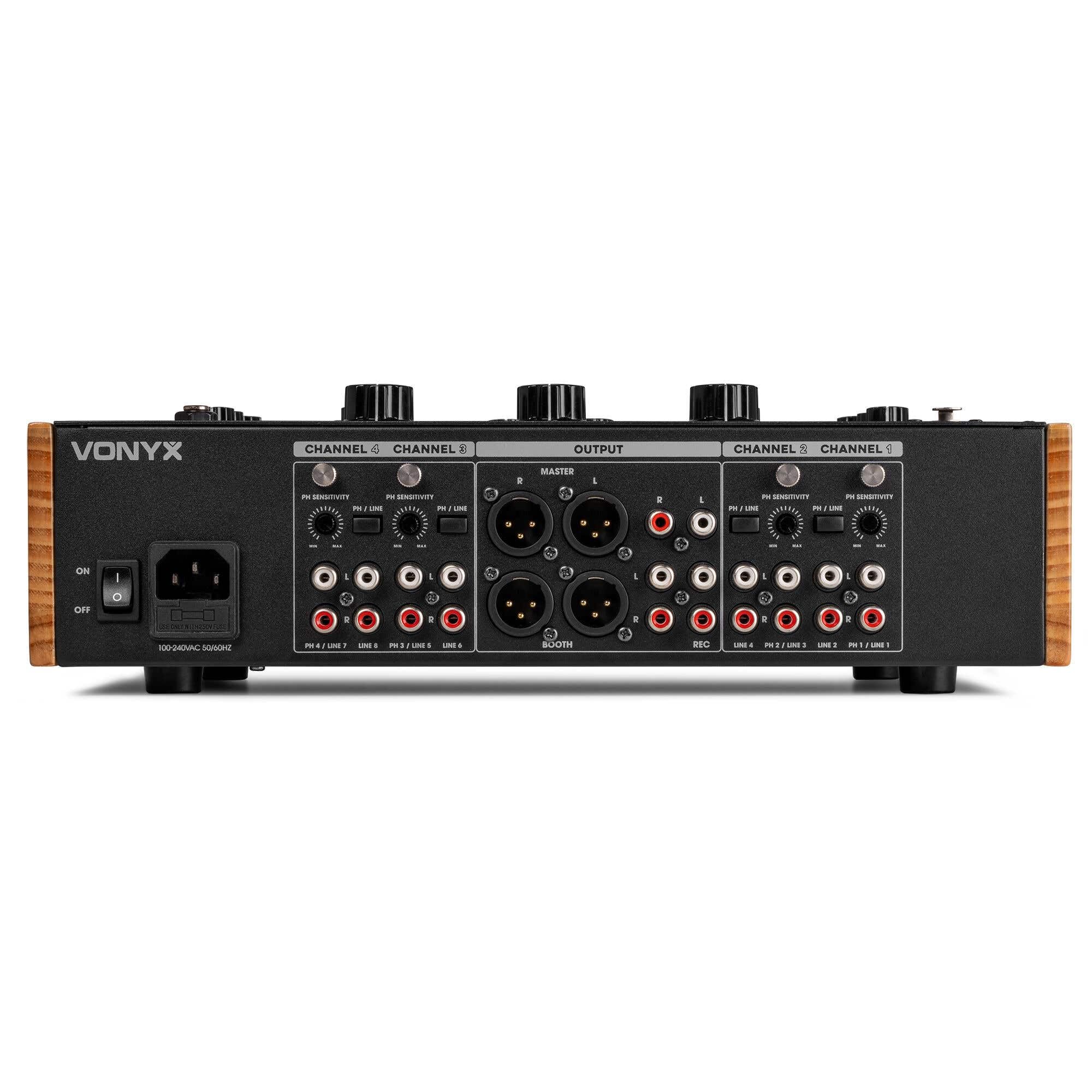 Vonyx VDJ270 DJ mixer a 4 canali – analogico Rotary Audio Mixer con 2 bande EQ & XLR – Retro DJ mixer nero effetto legno – Sound Mixer per vinile & Club – Include Booth Output & Mic Input