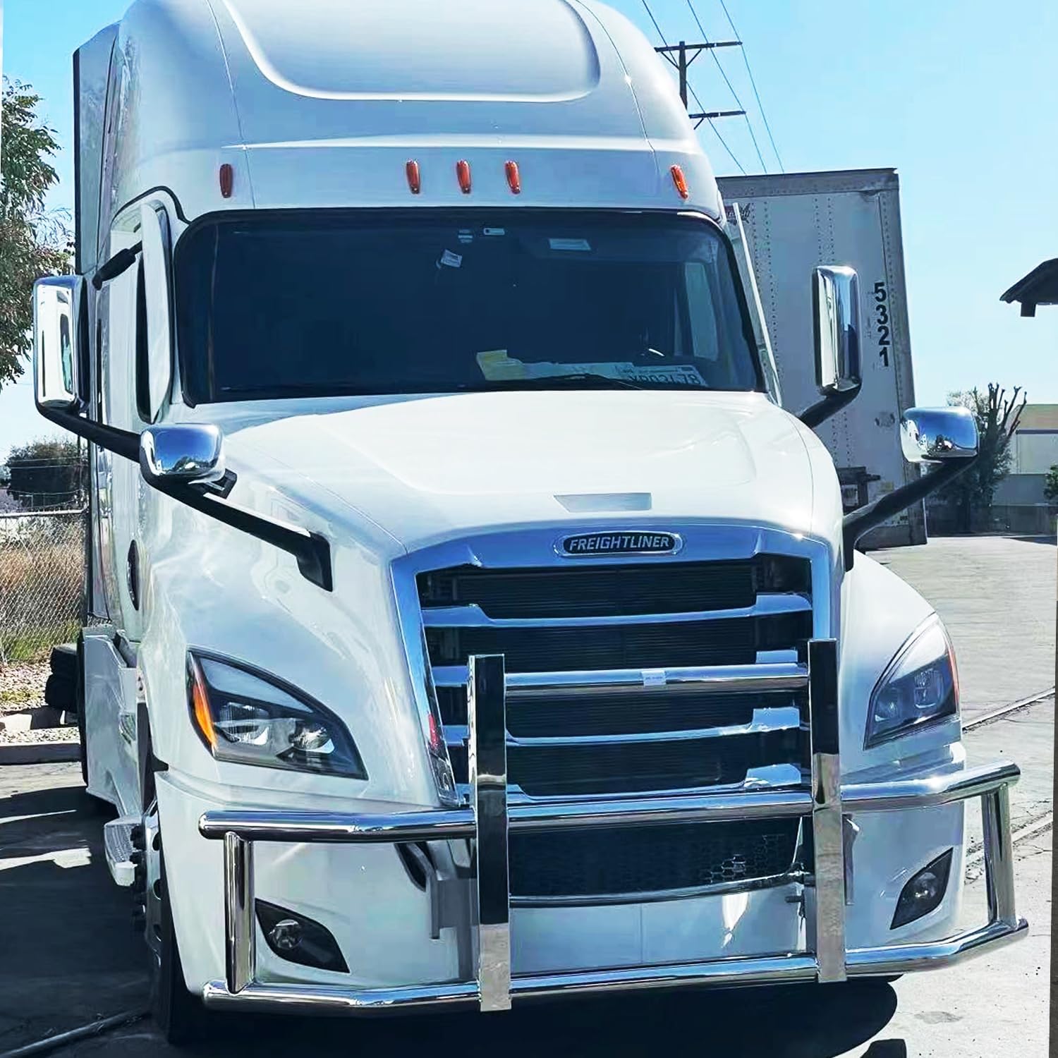 Deer Guard Compatible with 2018-2023 Freightliner Cascadia, Large Front Bumper Polished 304 Stainless Steel Deer Guard Bumper Protector with Brackets Set(Style 1)