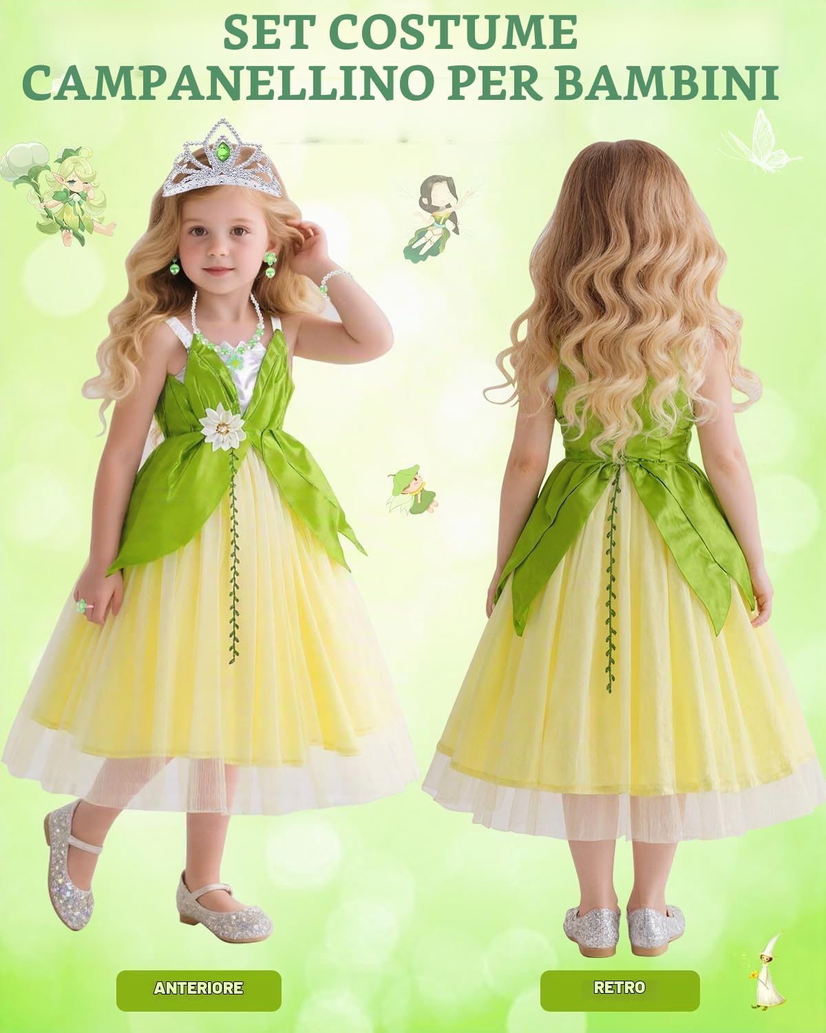 Costume Tinkerbell Bambina, Vestito Principessa con Ali, Corona, Bacchetta Magica e Accessori, Costume Tinkerbell Principesse 3-8 Anni per Compleanni, Cosplay, Carnevale e Halloween