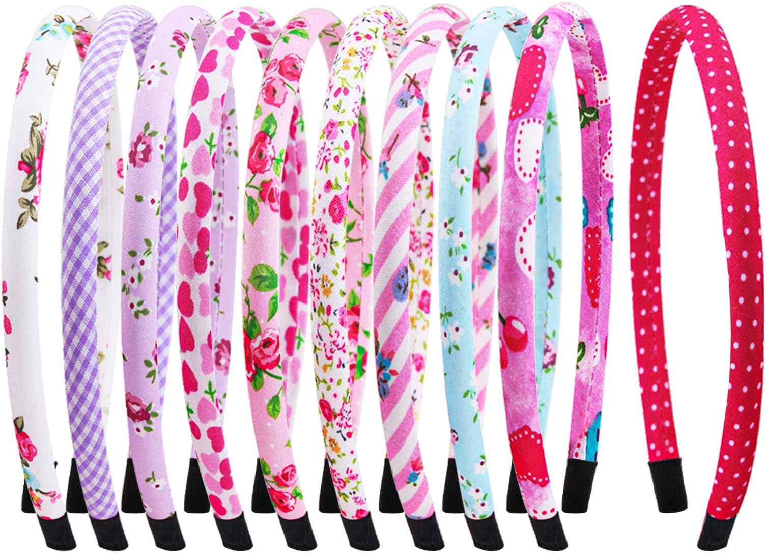 Candygirl Toddler Girls Headbands Thin Plastic Head Bands for Girls Kids Cute Heart Floral Cloth Fabric Covered Hairbands Daily School Hair Accessories (Assorted 10pcs per Pack)