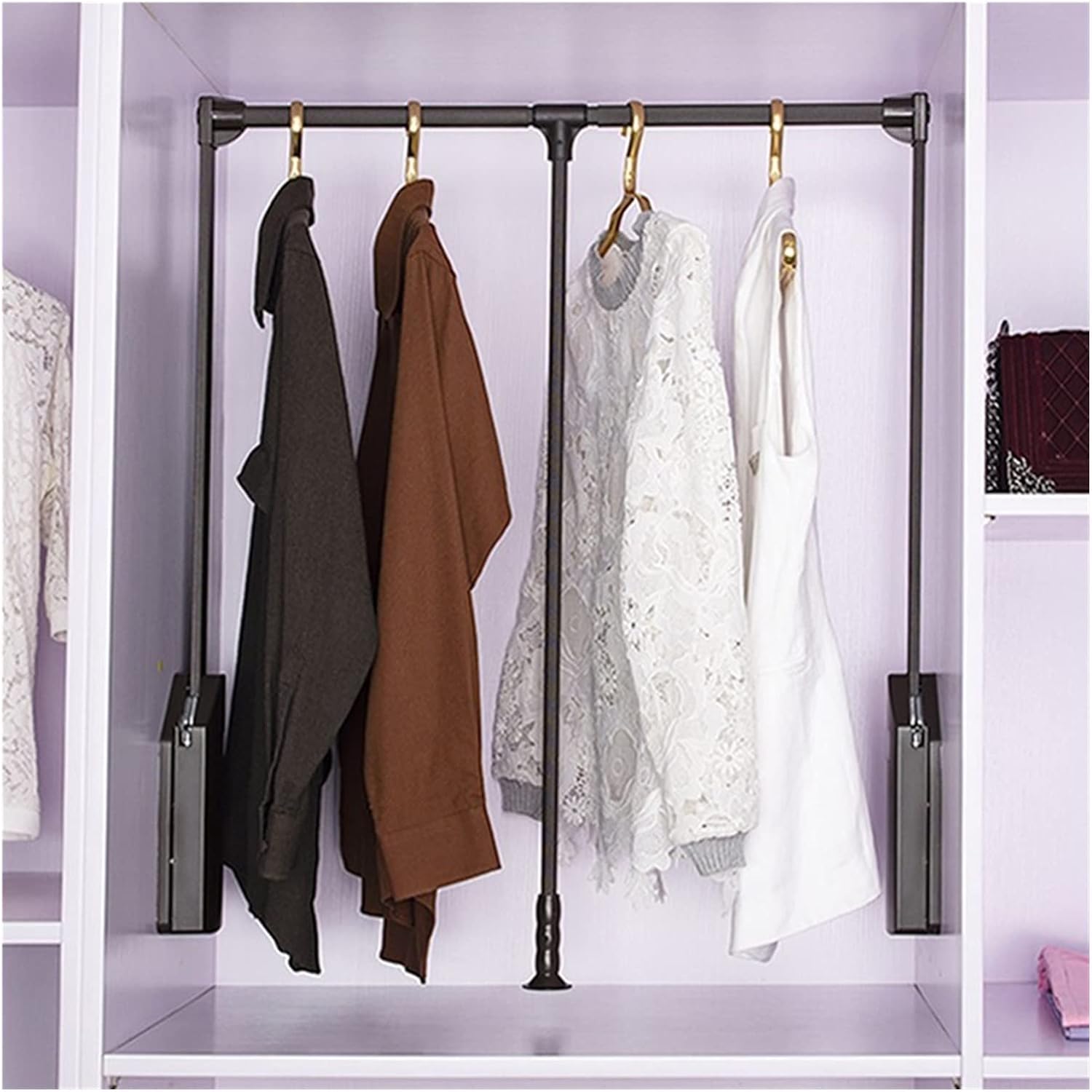 Adjustable Pull Down Closet Rod Hanger - Heavy Duty Telescopic Closet Lift System with Mounting Hardware, 30KG Capacity, Extends 660-890mm for Easy Storage.