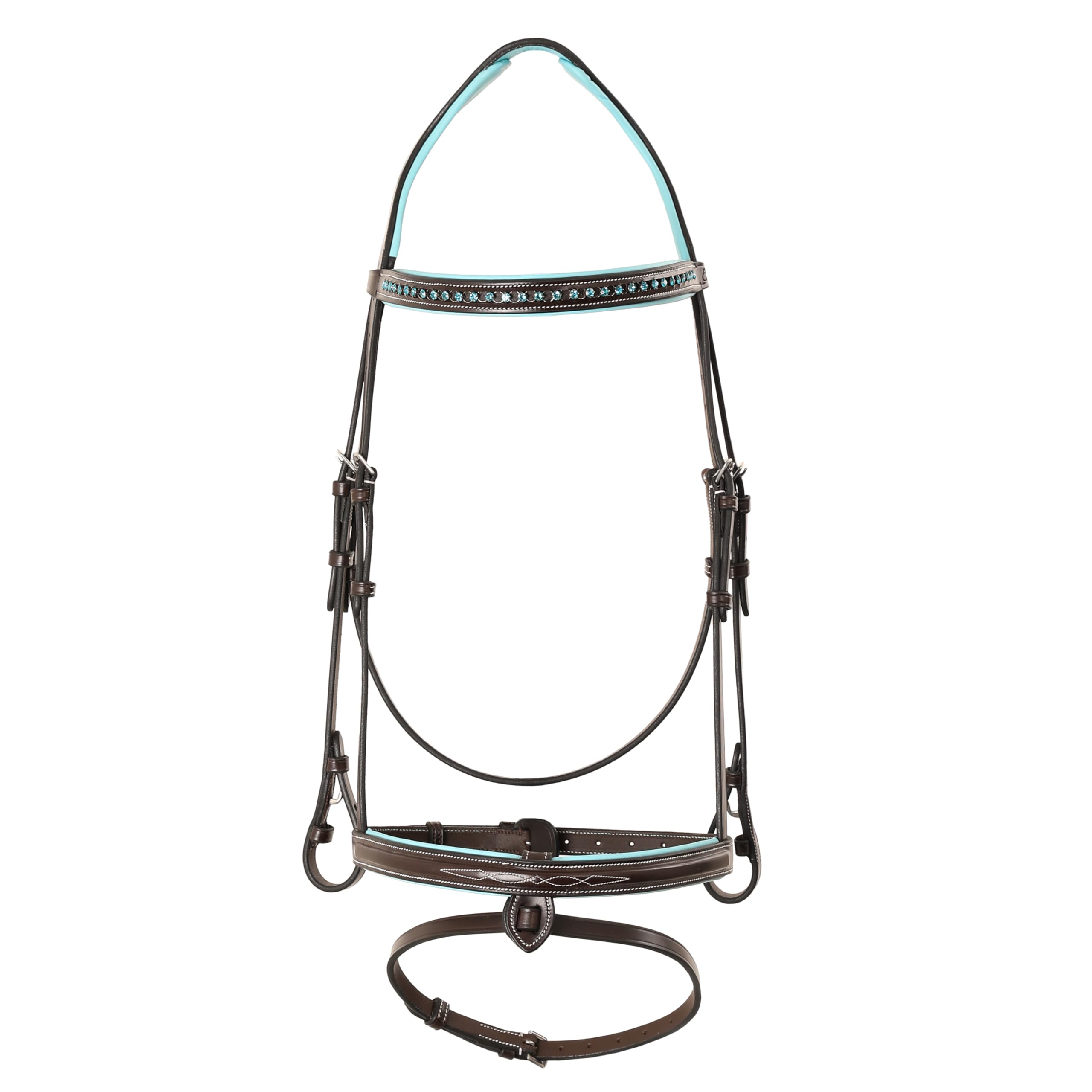 ExionPro Blue Bling Browband & Snaffle Noseband with Baby Blue Soft Padded Leather Jumping Bridle with Flash & Rubber Rein. | Browbands for Horses with Bling | Bling Horse Tack | Bling Browband