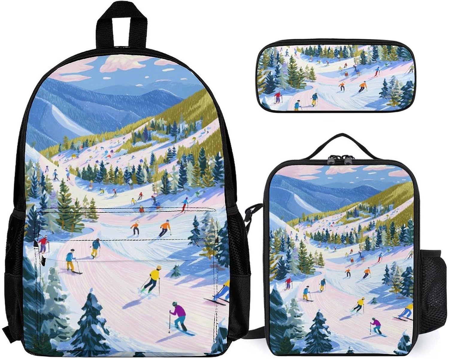 Ski Slope Backpack Set with Shoulder Bag Lunch Bag Pencil Case 3 Piece Cute Daypack Sets