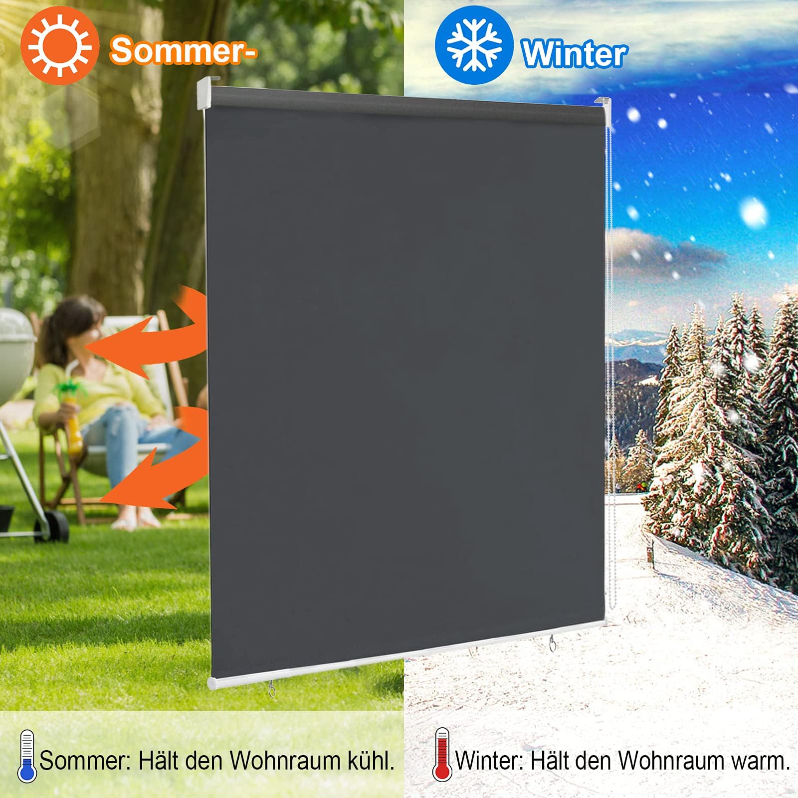 LILIIN 180x140cm Außenrollo Screen Rollo Wetterfest Senkrechtmarkise Balkonrollo Sichtschutz Outdoorrollo Sonnenschutz & UV Schutz, mit Reflektierende Thermofunktion für Fenster & Türen, Anthrazit