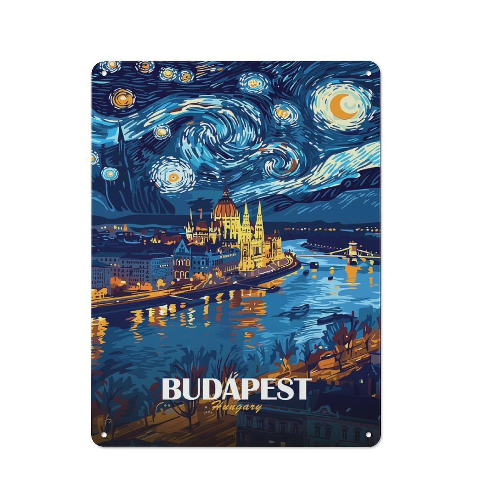Junmoney Style-18 Vintage Budapest Hungary Starry Night Art Metal Wall Art Sign 40X30cm, Old Style Wall Plaque For Bedroom, Office, Home Bar Or Dining Room