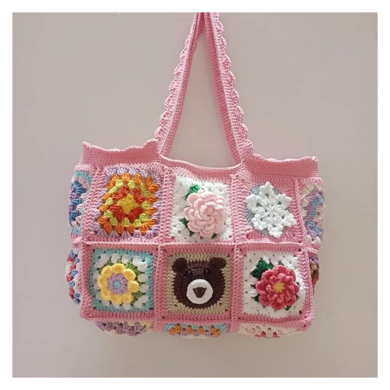 Bolso De Flores Tejido A Crochet Bolso de hombro grande con diseño de fresa y cereza de crochet, estilo vintage, hecho a mano, estilo granny square