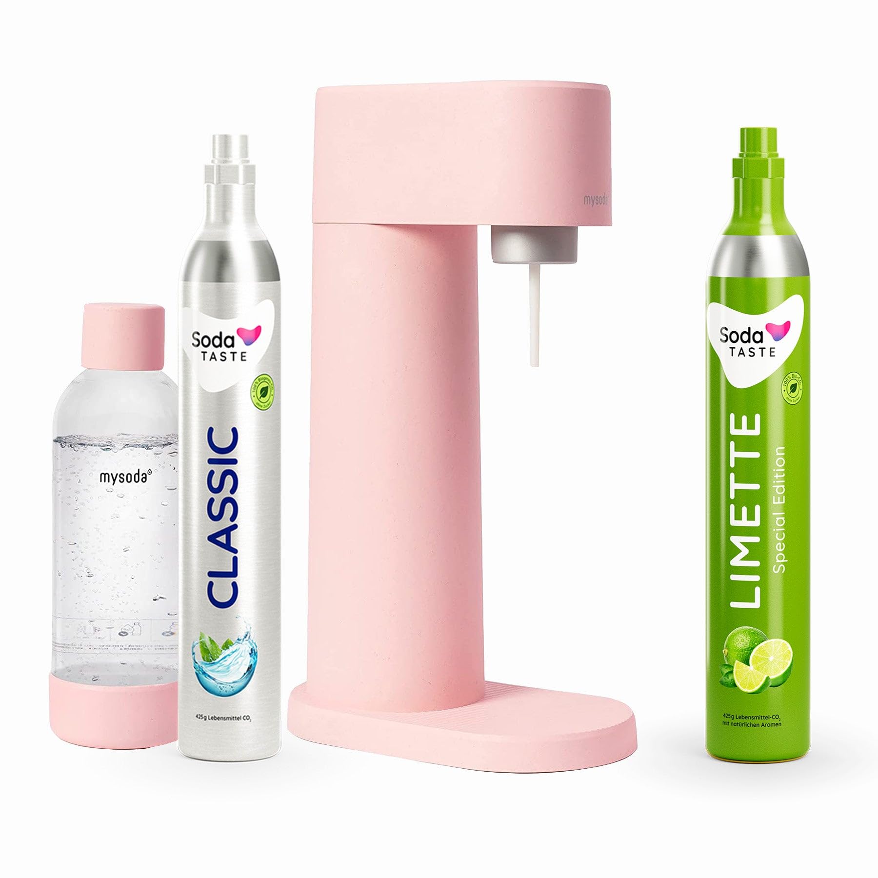 SodaTASTE Sparpaket: Mysoda Woody - Wassersprudler aus erneuerbarem Holzkomposit mit 1L BPA-freier Plastikflasche, CO2-Zylinder Classic + CO2-Zylinder Limette (Rosa)
