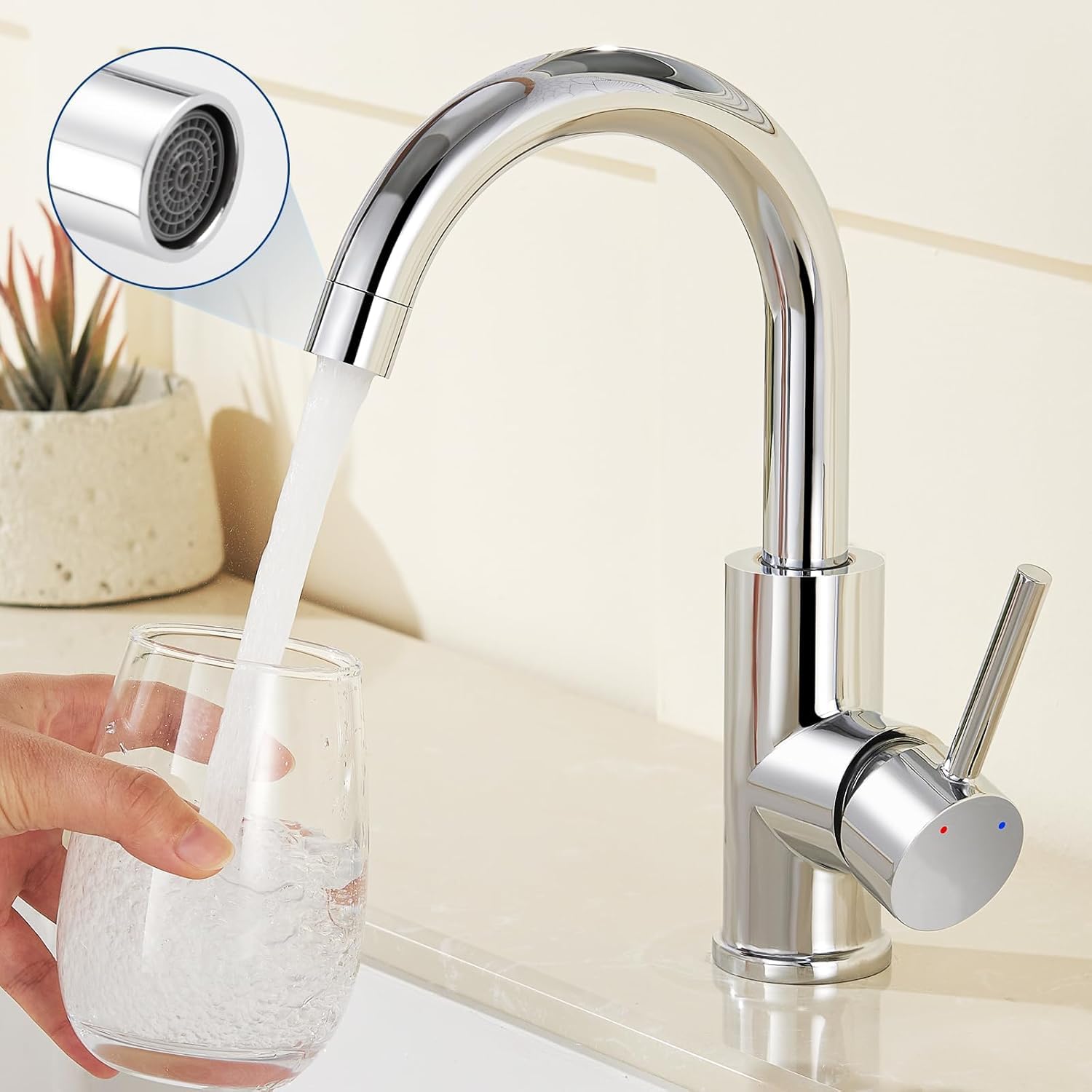 Auralum Niederdruck Armatur Bad Wasserhahn mit 3 Anschlüssen für Boiler | Waschtischarmatur hoch, 360° Schwenkbar, Strahlregler abnehmbar, Auslaufhöhe 147 mm, für drucklose Warmwasserspeicher, Chrom