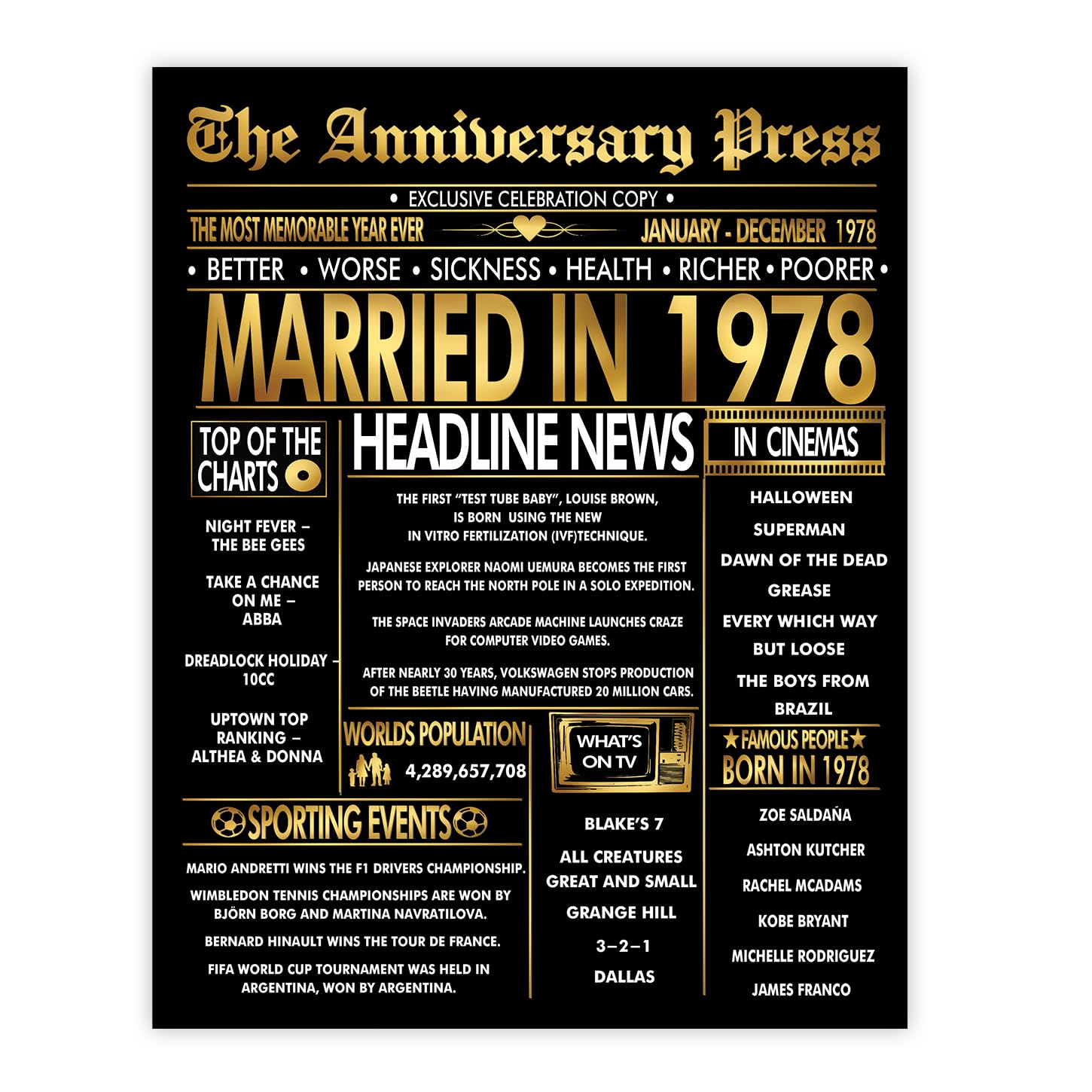 Stuff4 Men's 1978 Gold 48Th Anniversary Poster Unframed - Golden Married In Newspaper - 48 Wedding Anniversary For Wo Vintage Gifts Back In 8X10 Inch Anniversaries Posters