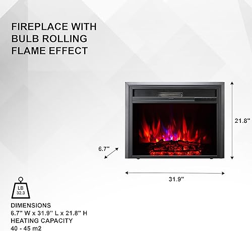 Vista 2 de XBrand Calentador eléctrico de chimenea de 32 pulgadas con control remoto, efecto de llama rodante LED y control de limitación de temperatura