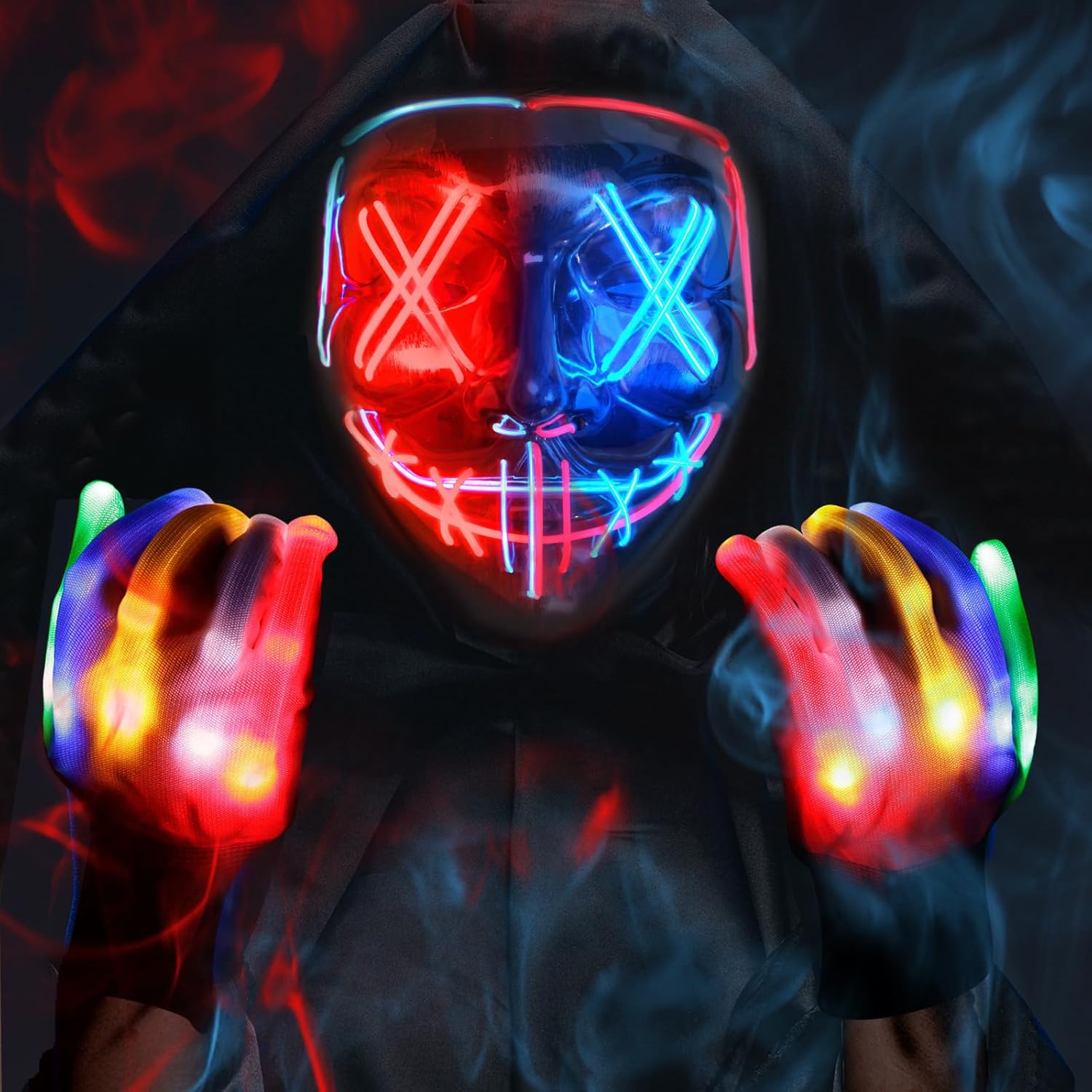 Max Fun Halloween Mask Glowing Gloves for Halloween Costume Cosplay Party Led Light Up Scary Masks for Halloween Party A- Blue+red