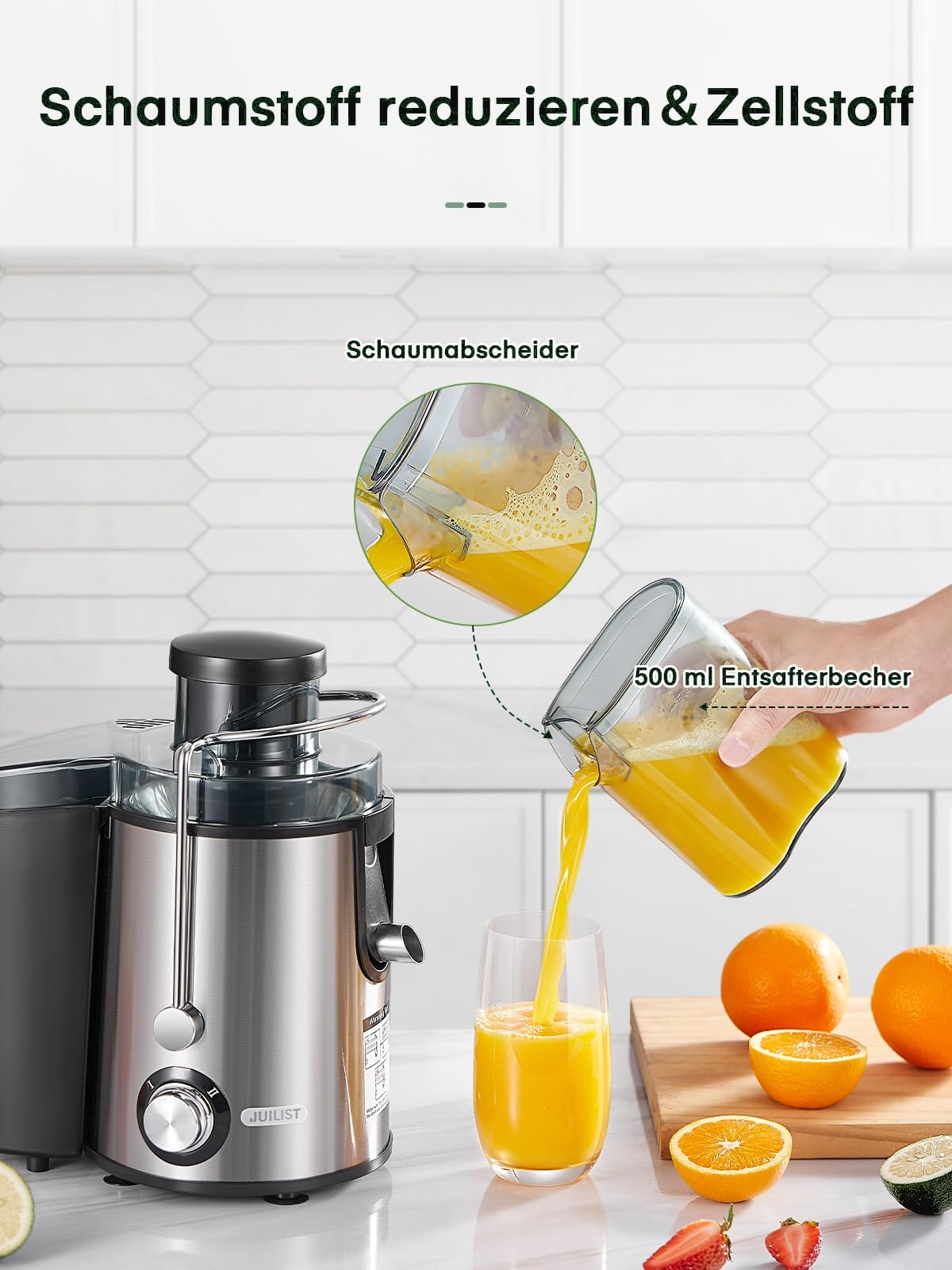 Juilist Entsafter 800W Max, 304 Edelstahl, 2 Geschwindigkeiten, 65 mm Einfüllschacht – einfache Reinigung, Antitropf-Funktion, inkl. Bürste & Rezeptbuch