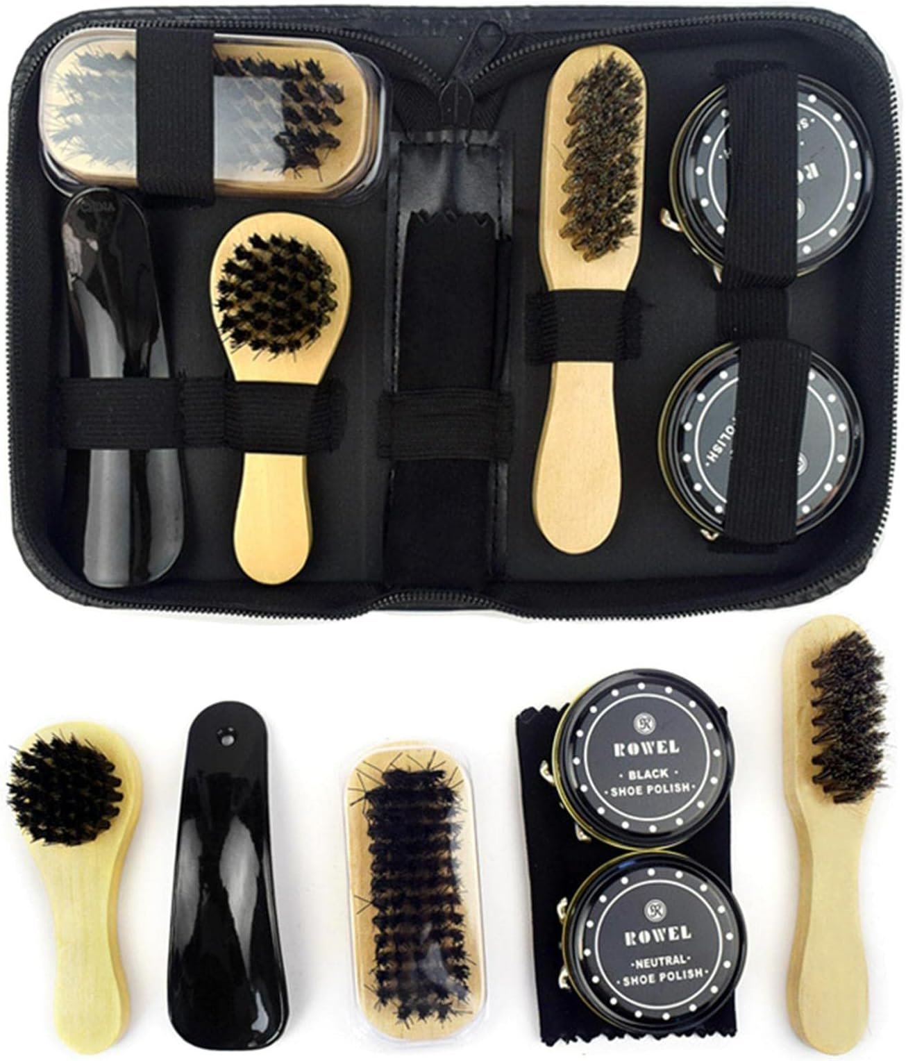 Kit De Cirage Chaussures 9 Pièces - Cire Noire Et Transparente, Brosses, Chiffons - Étui De Voyage En Cuir PU - 10