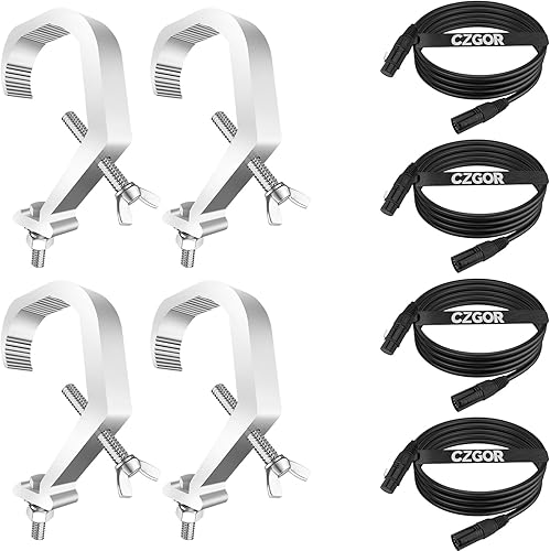 Paquete de 4 abrazaderas de luz de DJ de alta resistencia, carga máxima de 180 libras y cable DMX de 10 pies, paquete de 4
