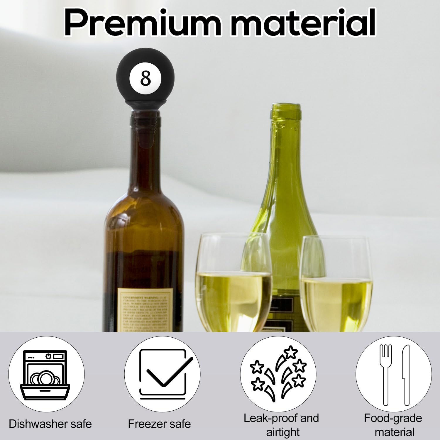 Black 8 Ball Stopper, Funny Silicone Champagne Prosecco Beer Wine Bottle Stopper Caps Reusable Cork Cover Wine Drink Lovers Gifts Accessories Men Women for Freshness Preservation