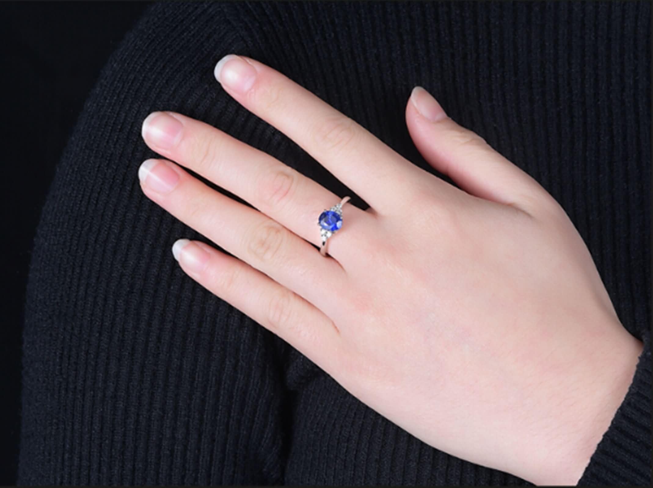 Anillos Mujer Matrimonio Oro Blanco 9 Kilates / 14 Kilates / 18 Kilates, 4 Garras Oval con Zafiro de 0,41ct y Diamante, Anillo Plata Azul Compromiso Mujer