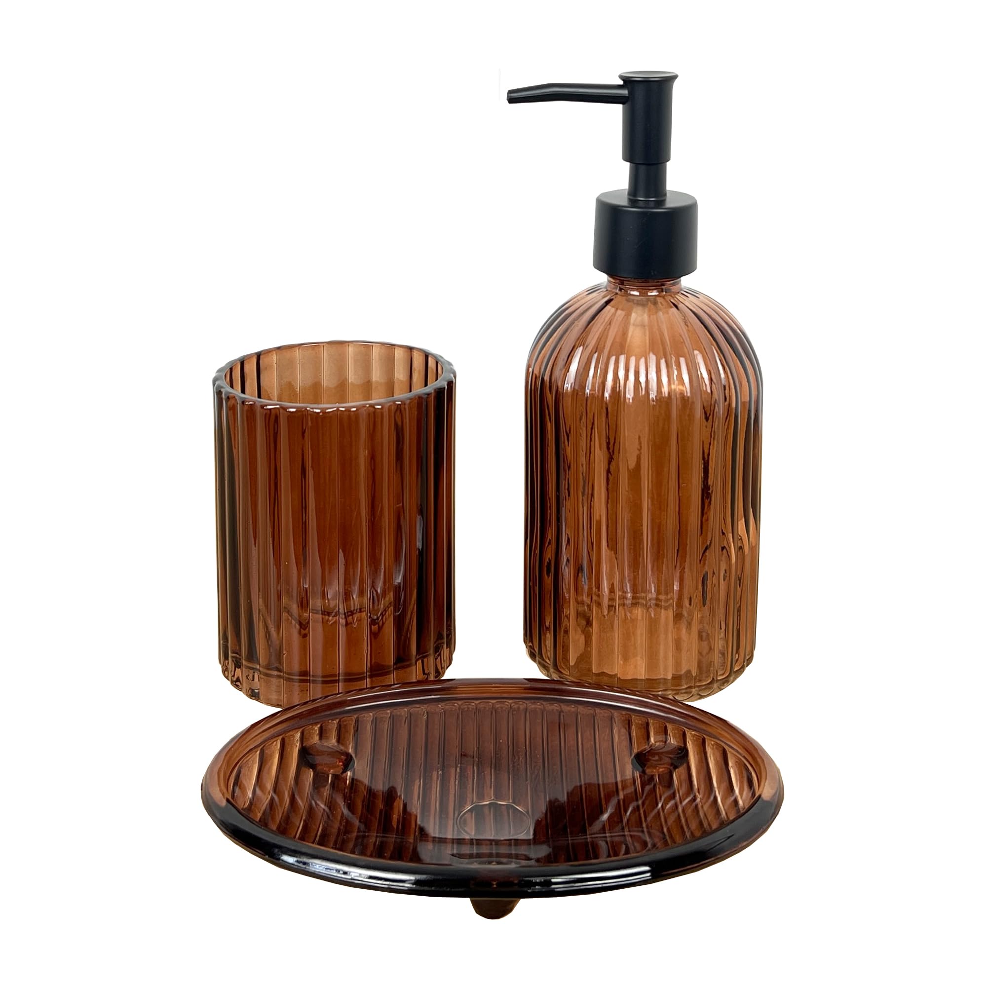 3 Piece Amber Ribbed Glass Bathroom Sink Accessories Set Liquid Soap Lotion Dispenser Tumbler/Toothbrush Holder Cup Oval Soap Dish