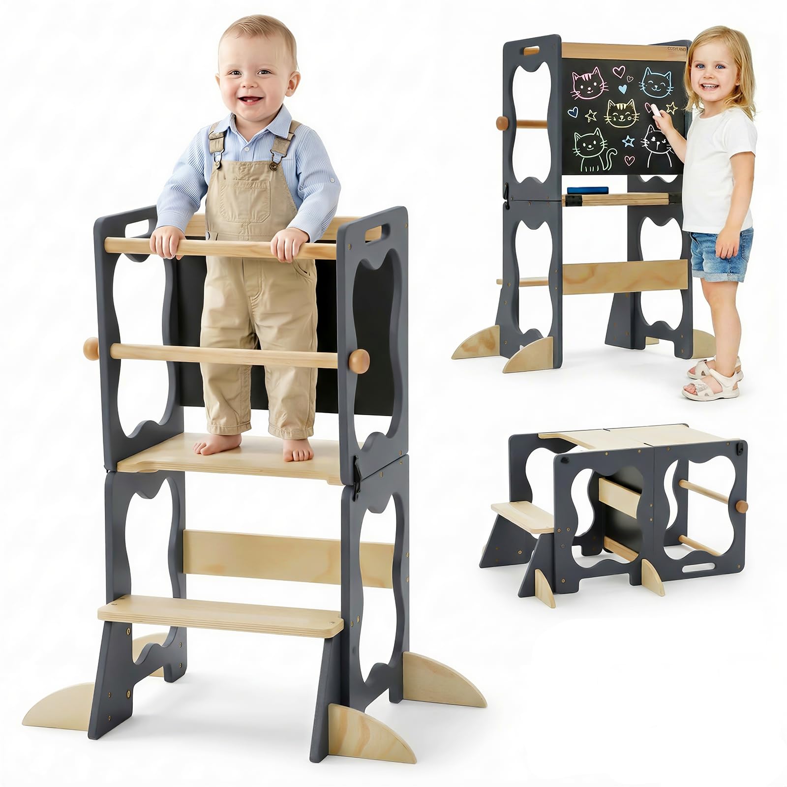 COSYLAND Lernturm Kinder 3in1 Küchenhelfer mit Tafel & Geländer Grau | Wandelbar zu Tisch & Stuhl. Stabiler Küchenhelfer für Alltag, Lernen und Spielen. Absolut sicher und langlebig.
