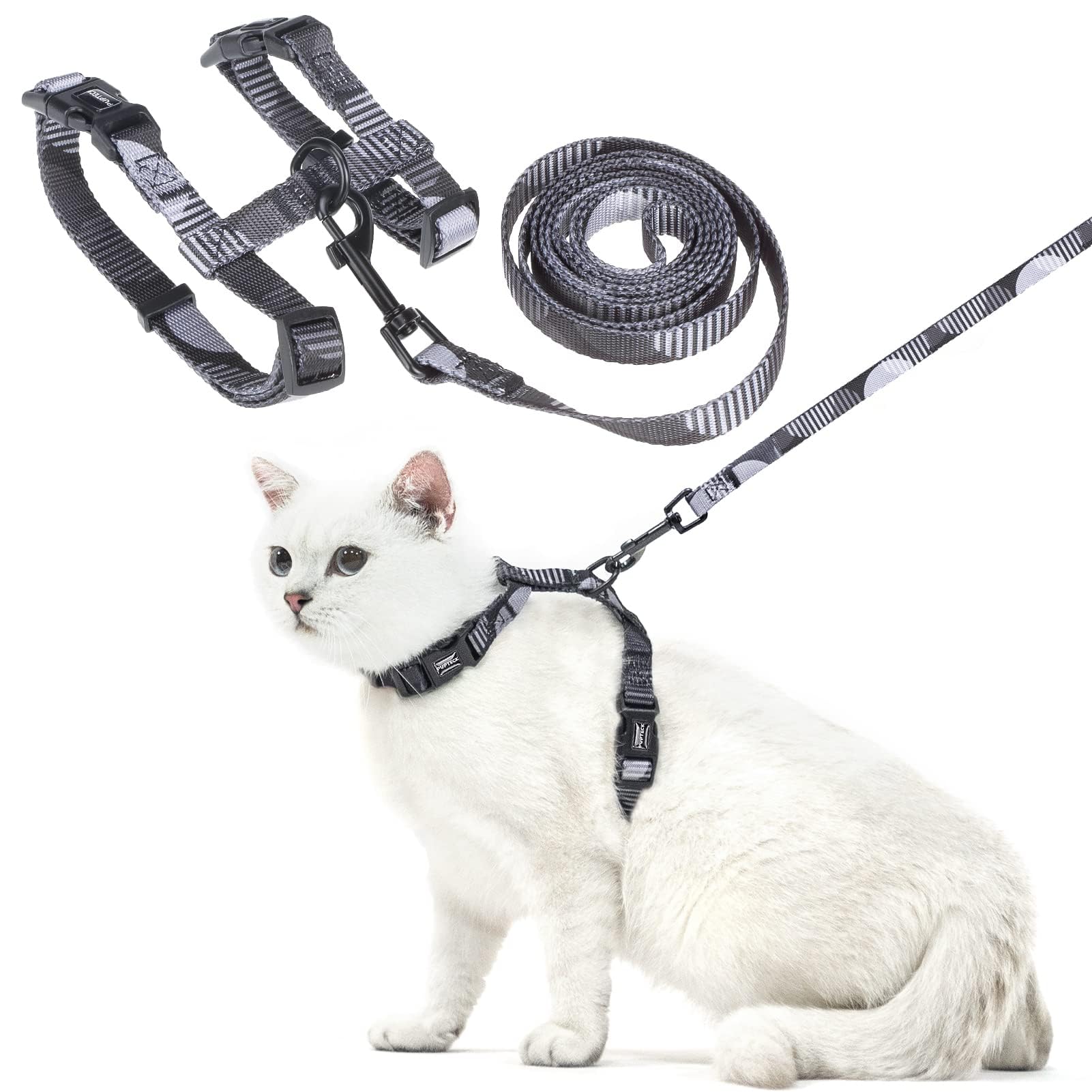 PUPTECK Adjustable Cat Harness and Lead Set Escape Proof Kitten Strap Collar for Walking Travel Printed Dark Grey, S