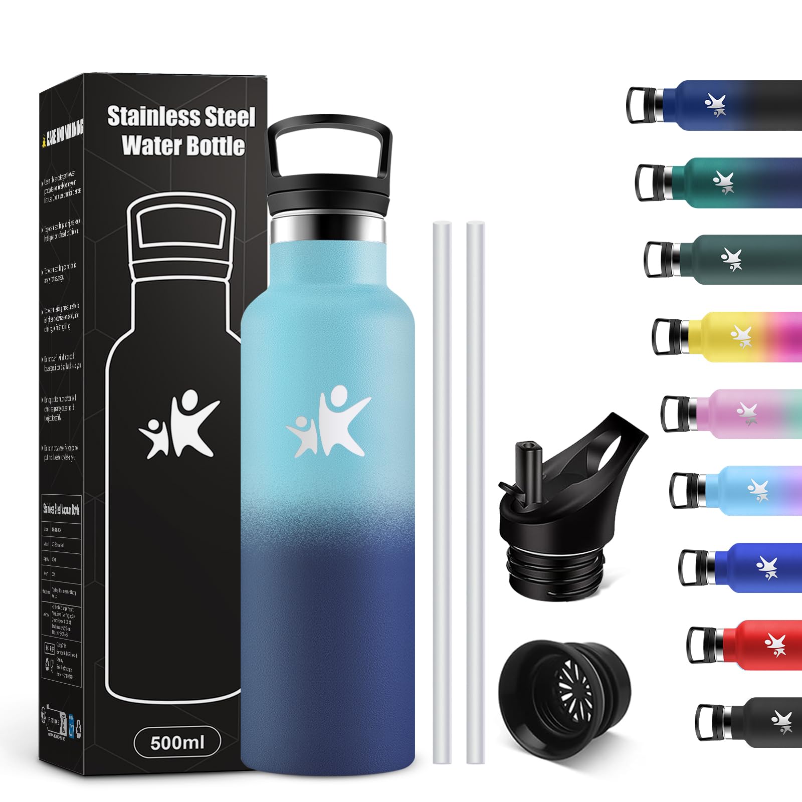KollyKolla Thermosflasche 500ml, Wasserflasche Kohlensäure Geeignet, Auslaufsicher Wasserflasche mit Strohhalm, BPA-Frei, Doppelwandige Vakuumisolierte, Trinkflasche für Schule, Reisen, Camping