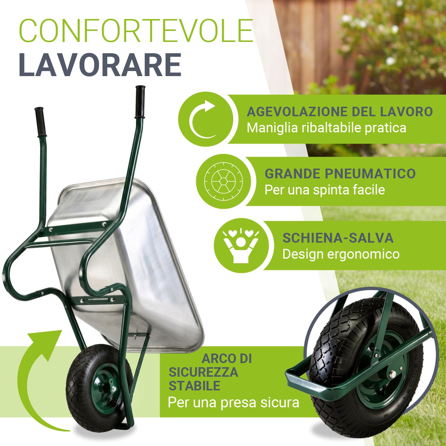 Juskys Carriola da Giardino | Volume 100 Litri | 210 kg | Ruote Pneumatiche Con Cerchio in Metallo | Vasca Zincata | Carriola a Spinta da Trasporto