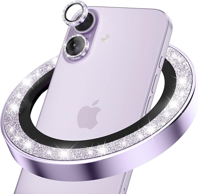 CloudValley for iPhone 17 Glitter Camera Lens Protector, Bling Ultra-HD Tempered Glass Cover with Metal Ring, Sparkly Anti-Scratch Accessories for Women, Easy Installation, Glitter Purple