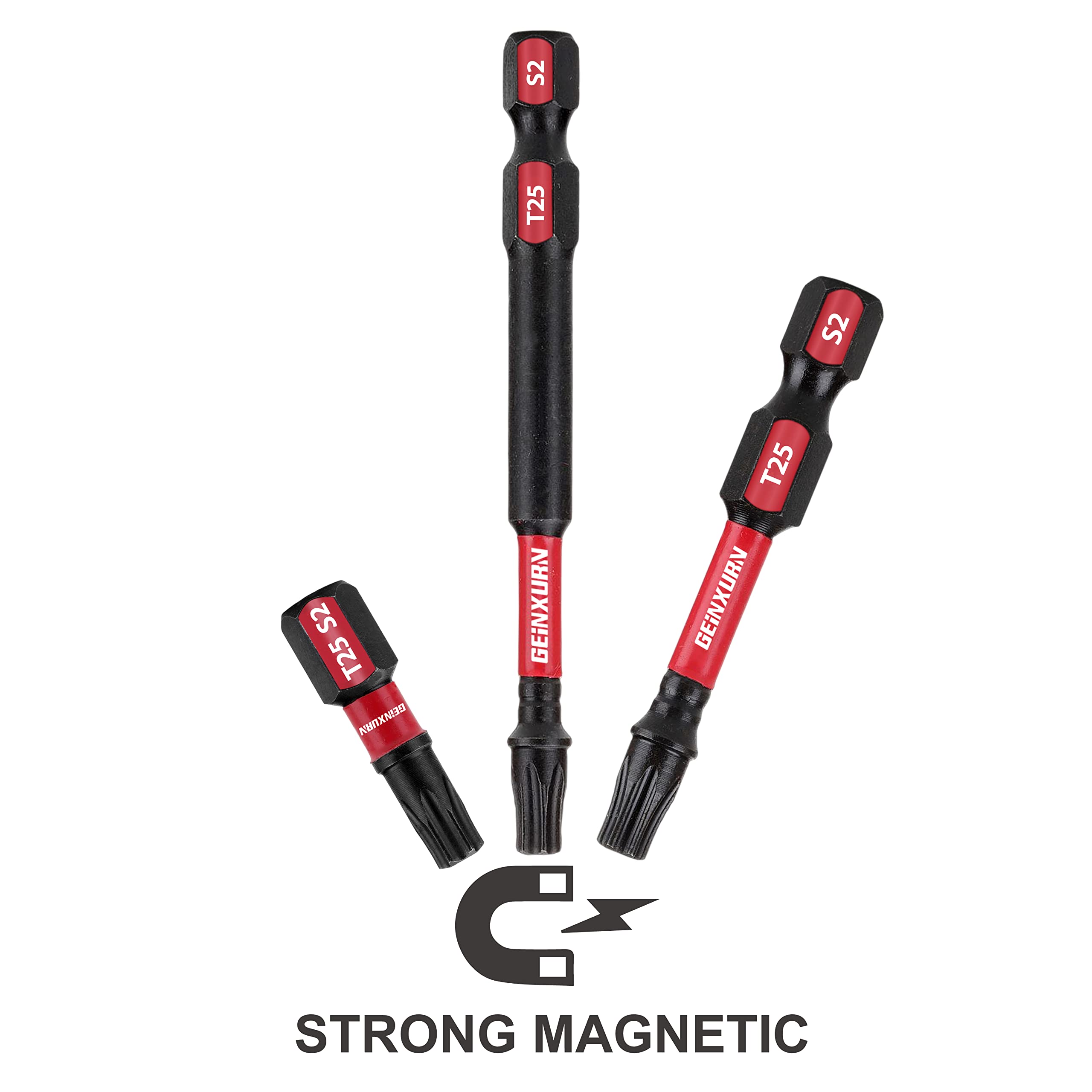 GEINXURN 50 sztuk T25 2 In. Impact Tough Magnetic #25 Torx Head Power Bits, zestaw bitów wkrętakowych ze stali stopowej S2 T25 z 1 uchwytem na bity udarowe