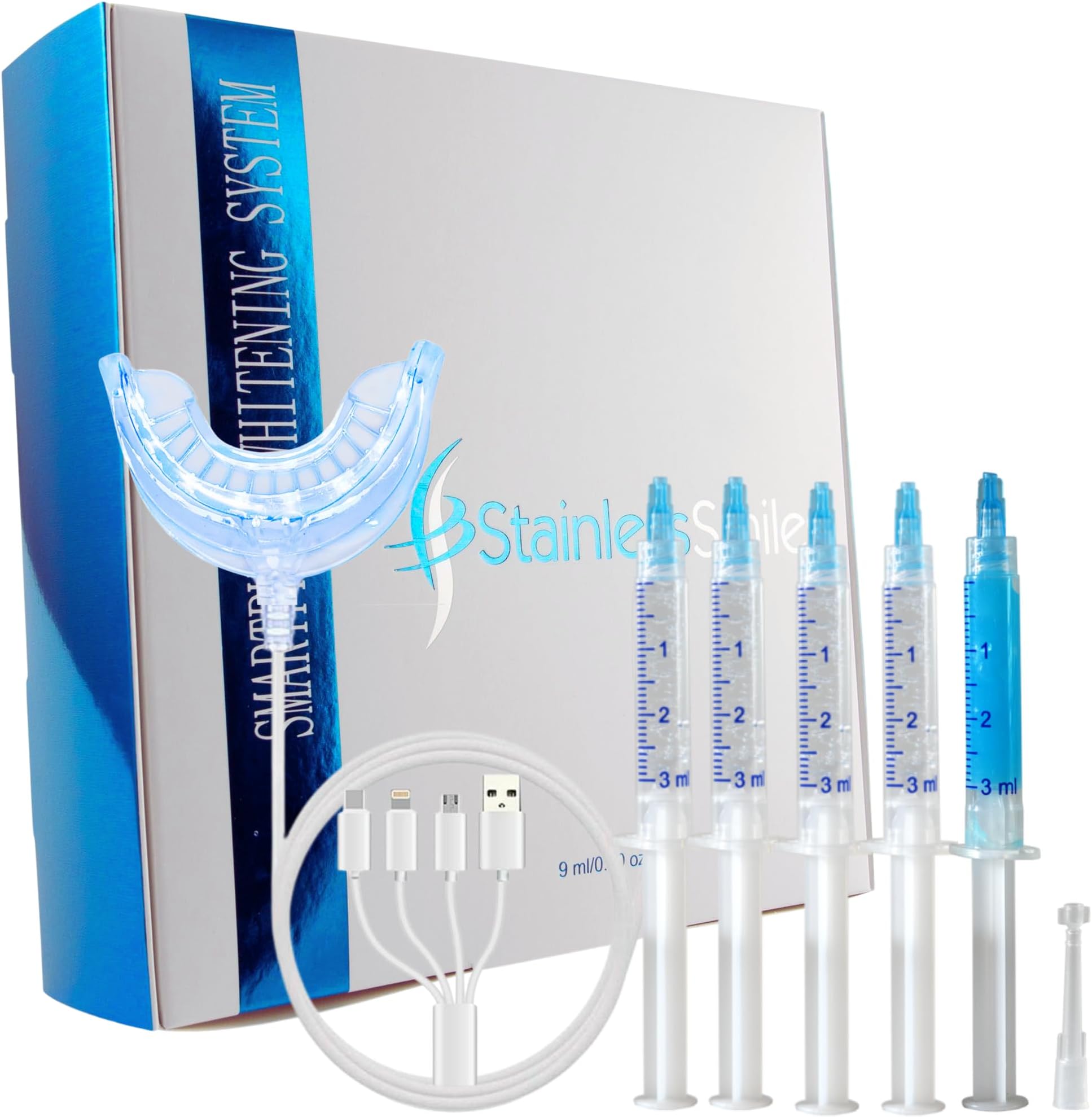 Premium Teeth Whitening Kit. Professional at Home Whitening System Safe for Sensitive Teeth. Ultra Powerful 16 Led Light with USB or Phone, 2 x 36 % Carbamide Peroxide Gel ,1 Remineralizing Gel.