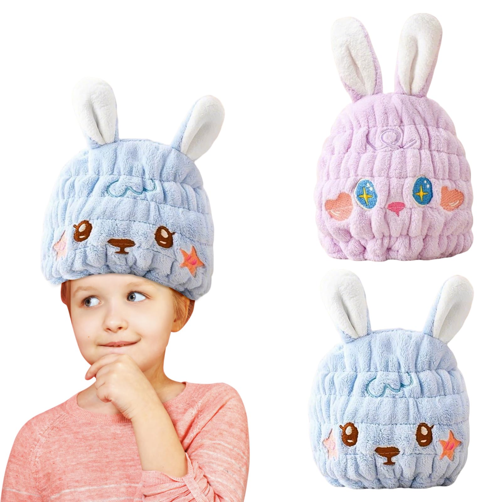 Mtbricey 2 Pieces Hair Towel Wrap for Kids Super Absorbent Microfibre Hair Towel Wrap Cute Hair Drying Cap Soft Kids Hair Drying Turban Wrap Quick Dry Head Towel Cap for Bath Spa Makeup (Rabbit Ear)