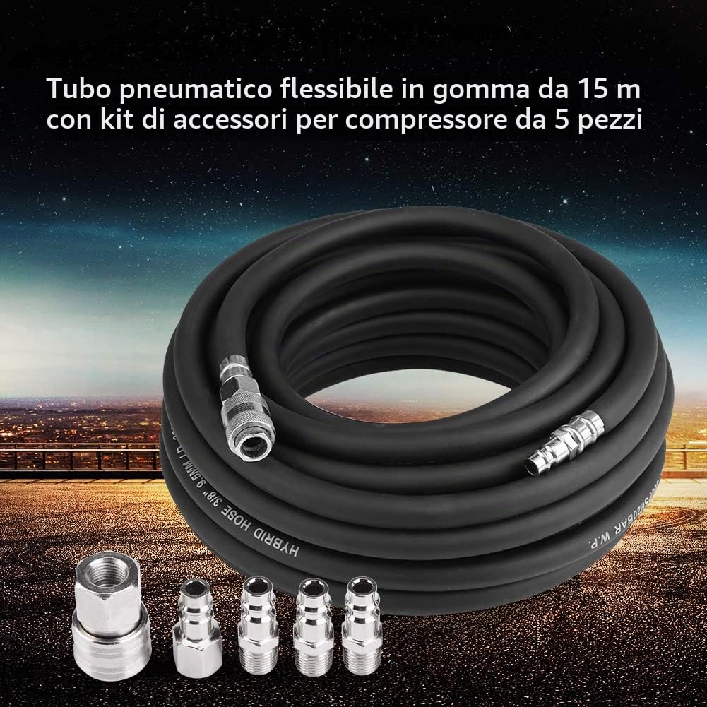 Tubo per aria compressa in gomma, 1/4 pollici, attacco rapido, 15 m 300 PSI Tubo Alta Pressione tubi flessibili durevoli 9,5 mm di diametro con 5 accessori