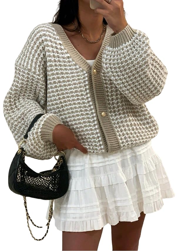 SISKIN Cardigan Sweaters for Women 2025 Button-Up V-Neck Waffle Knit Balloon Sleeve Oversized Cardigan
