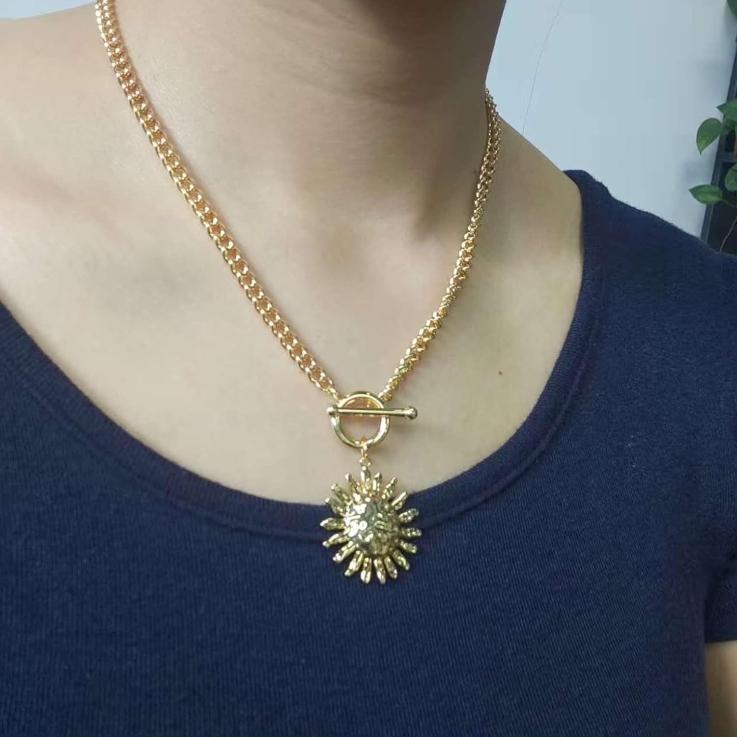 Chunky Gold Sun Pendent Necklace for Women Dainty Sunshine Necklace Statement Necklace Toggle Clasp Necklaces Trendy Jewelry - Image 3