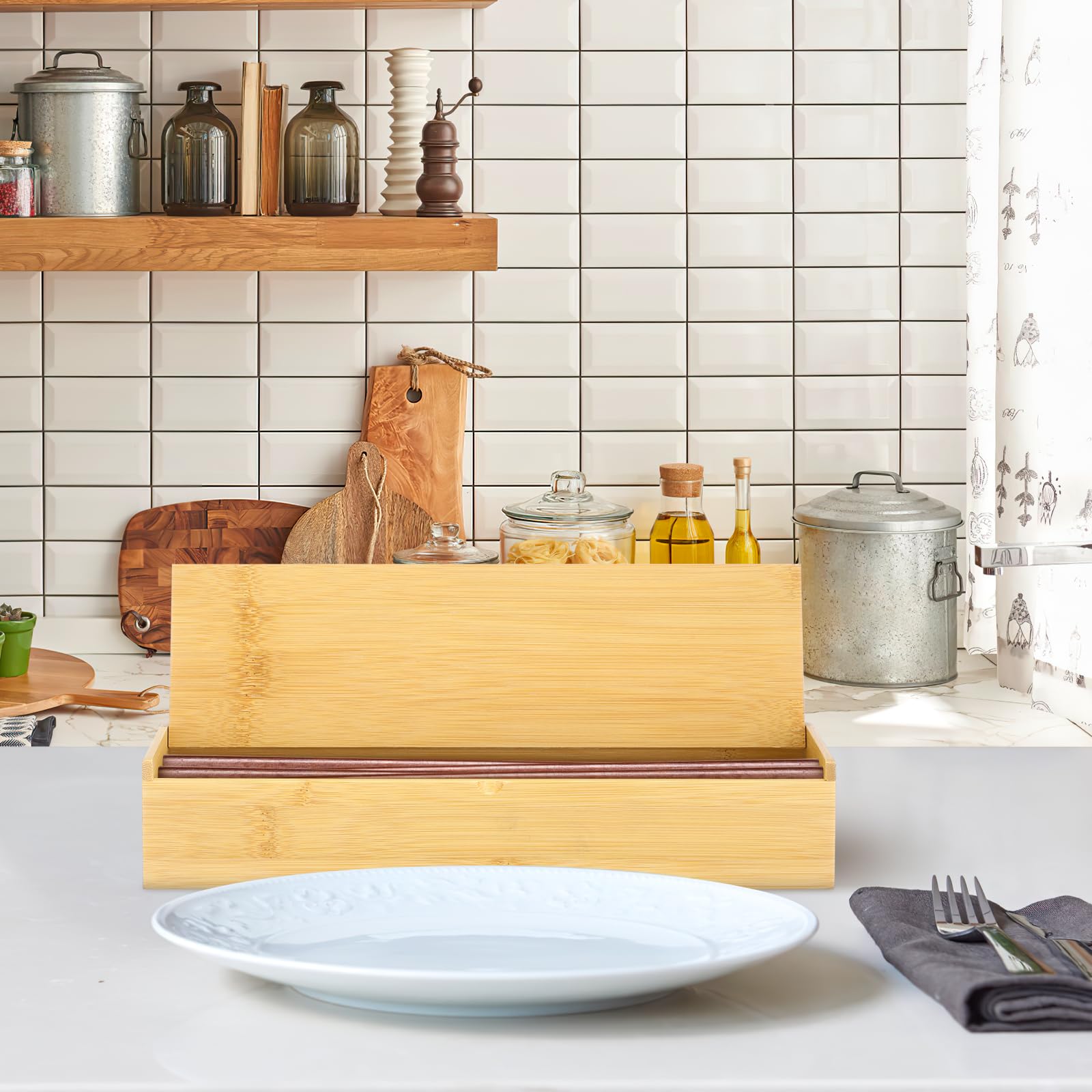 Sewroro Organizador de Cubiertos de Bambú Rectangular para Cocina y Restaurante, Caja Multifuncional Drenaje Conveniente y Diseño Ahorrador de Espacio