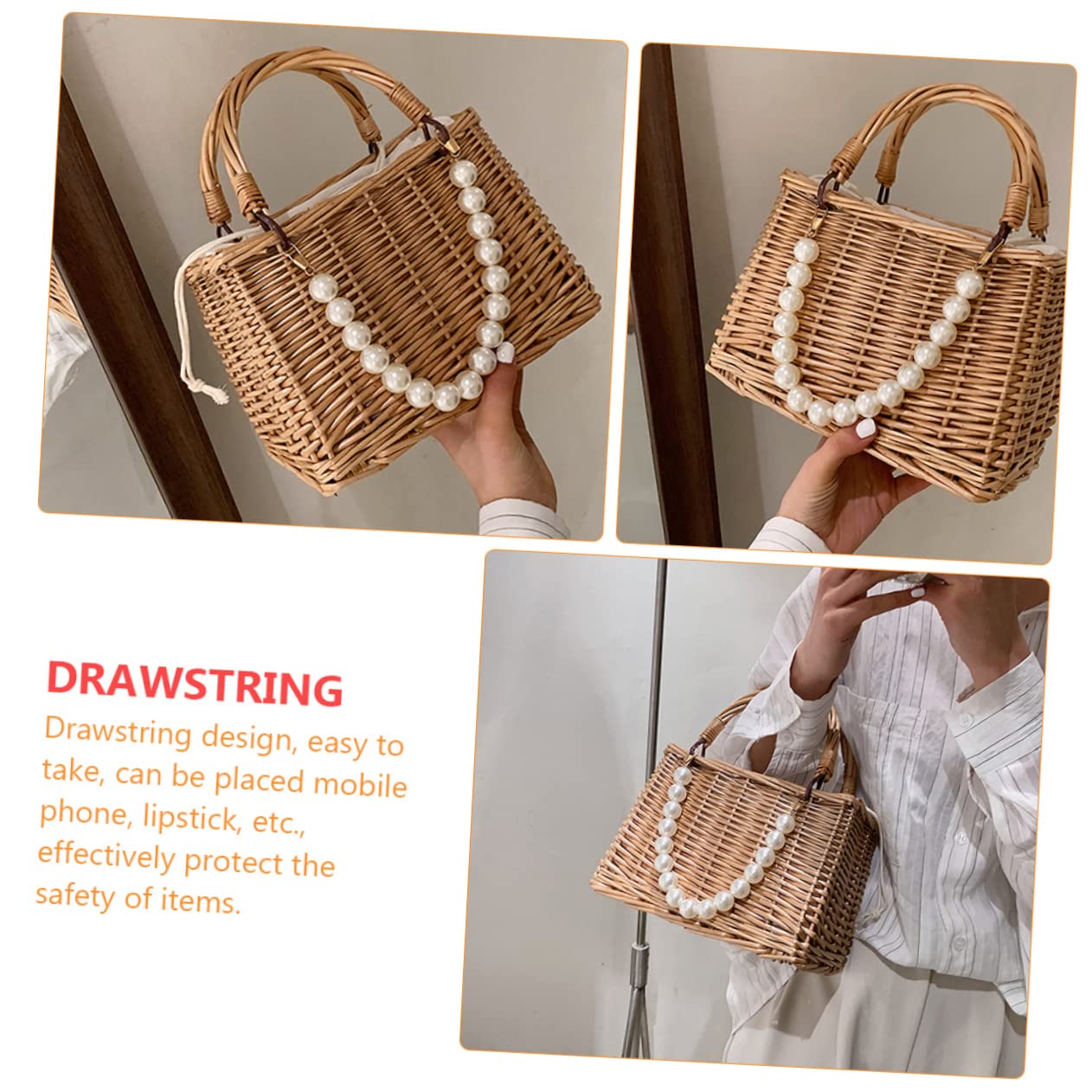 FRCOLOR bolso de perlas bolsa de perlas de bolsos de rafia para mujer bolsa de mujer bolsas de para la playa bolsa de de playa paño Khaki
