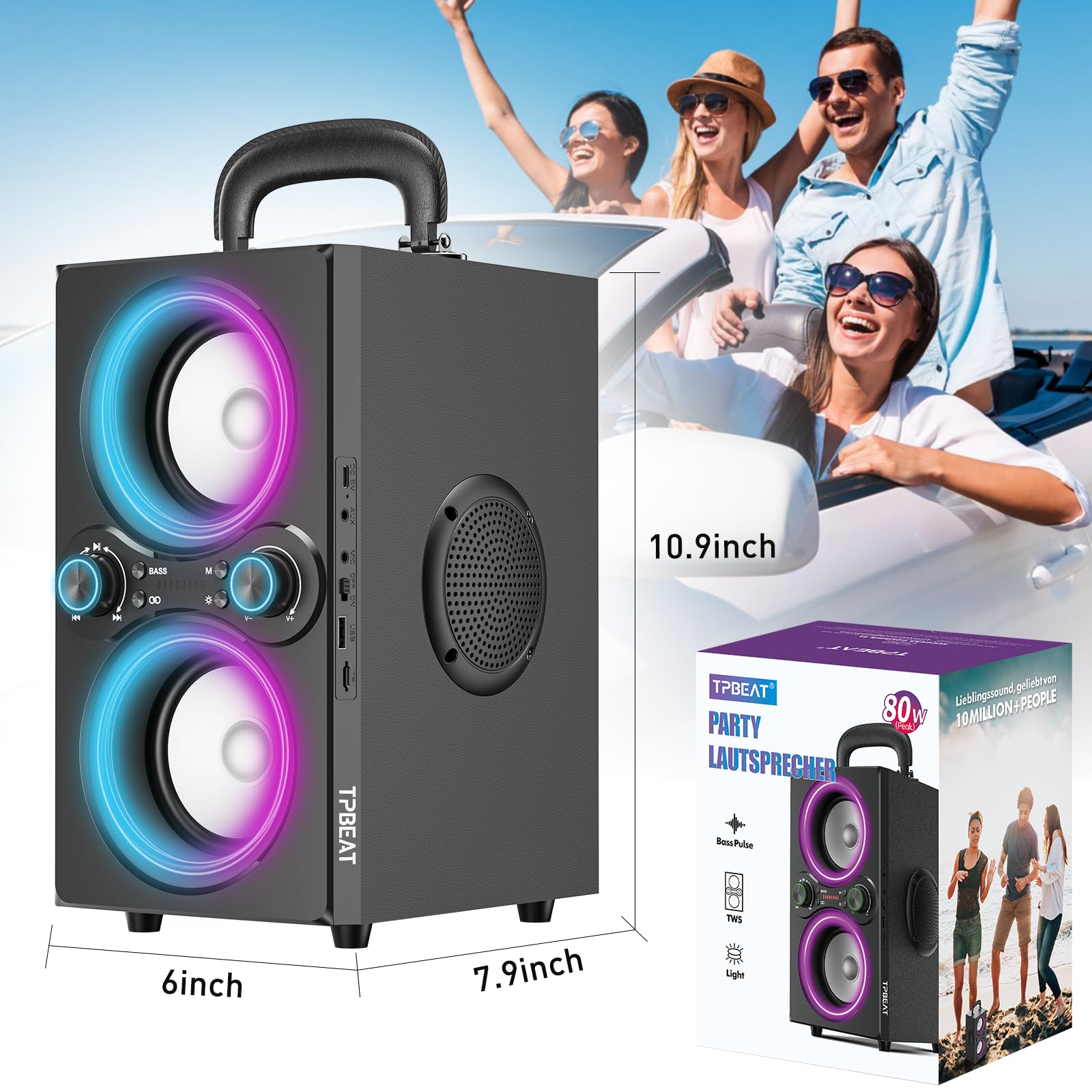 TPBEAT Bluetooth Lautsprecher, 80W Wireless Bluetooth Box Musikbox Groß, Bass Boost, with Licht, 100dB Huge Sound TWS Stereo Party Soundbox, mit Mikrofon Eingang/USB/TF/AUX