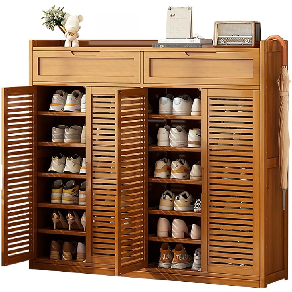 angelfanmily Bamboo Shoe Cabinet Large: 8-Tier Shoe Storage Unit with 4 Rattan Doors, Freestanding Shoes Rack Organizer, Space Saving Shoe Storage Cupboard, for Hallway Bedroom Entryway