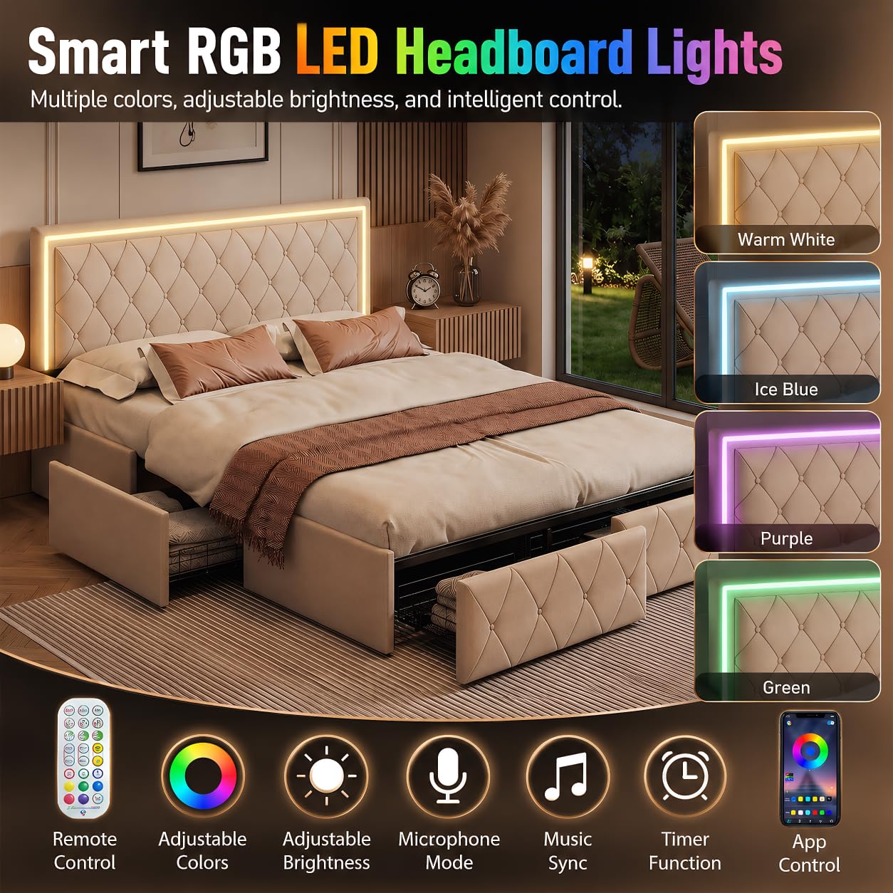 BRILVERDE Cama tapizada 140x200 con Almacenamiento, LED, Cama Doble con cabecero Ajustable, con 4 cajones, Cama Juvenil con Base de Láminas, para Adultos, PU (Beige, 140 x 200 cm)