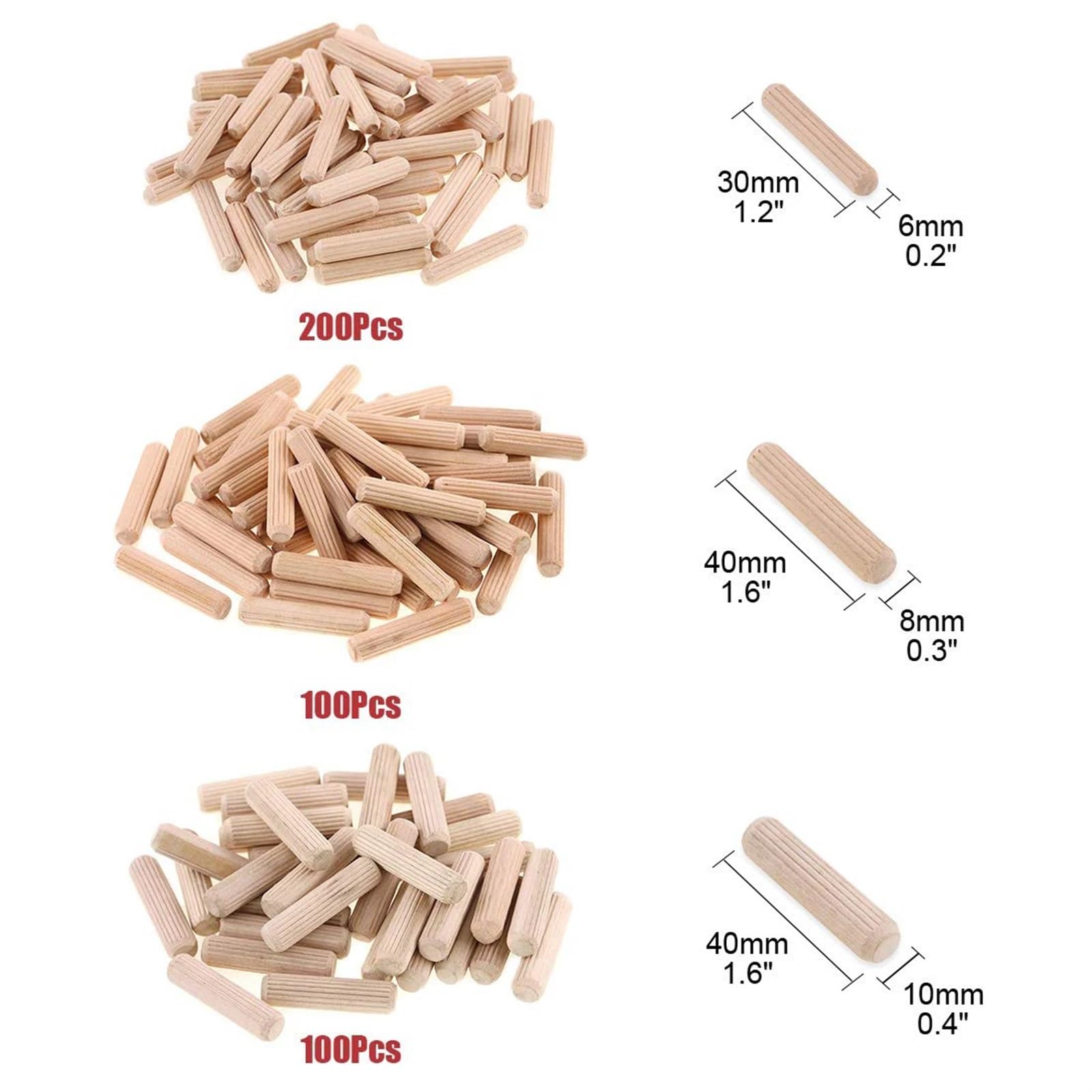 Holzdübel, Passstifte, 400 Stück Stifte M6 M8 M10 Holzdübel Dübelstangen-Set, konische Bastel-Hartholzdübel for Möbelreparatur und Befestigung, handwerkliche Herstellung