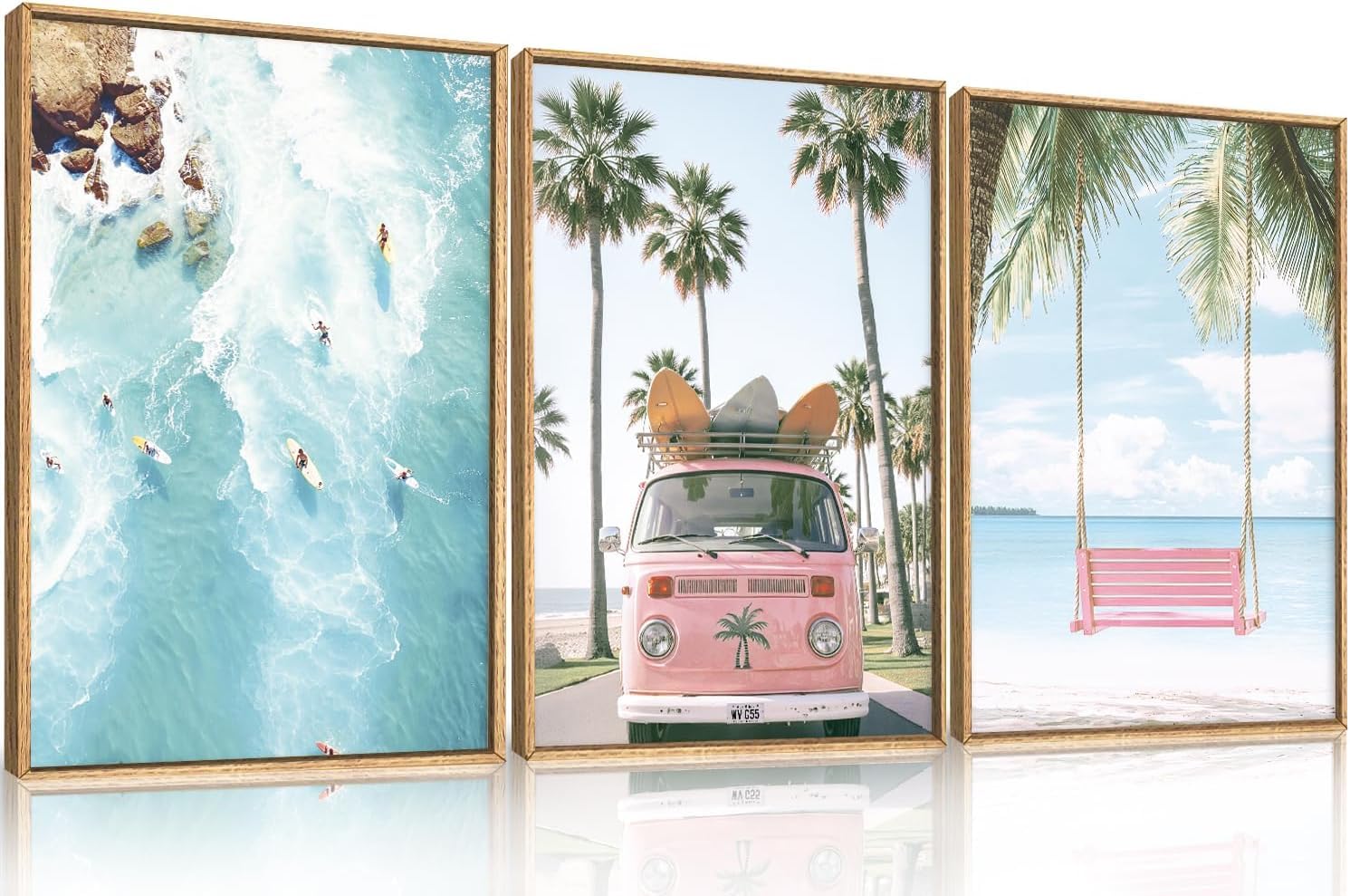 Lianyibo Frameless Large Summer Beach Surfing Scene Canvas Wall Art,Coastal Pink Van And Surfboards Posters Prints For Living Room Decor(50X75cmx3/Frameless)