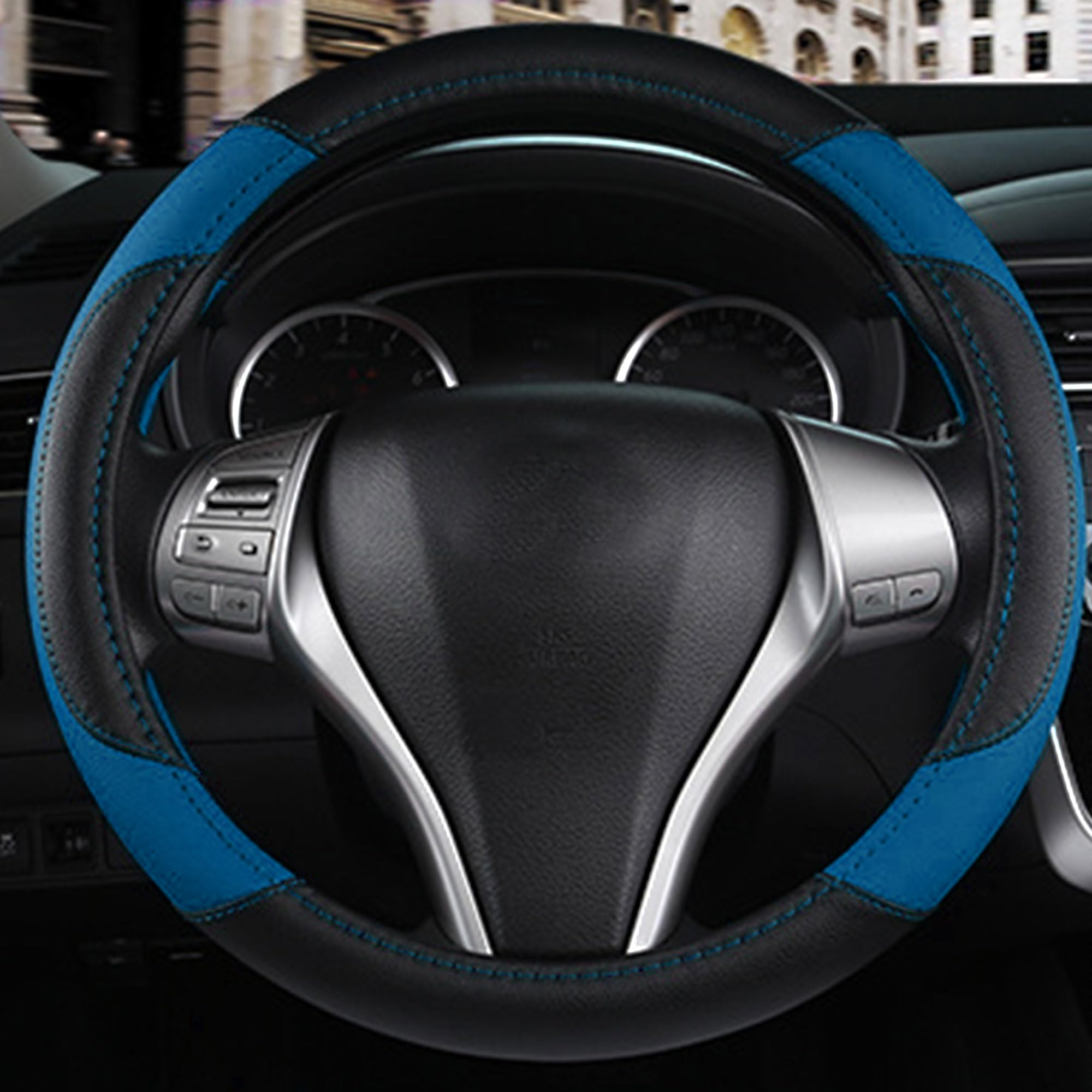 Coprivolante per auto, in pelle, antiscivolo, traspirante, in microfibra, universale, adatto alla maggior parte delle auto (blu 2)