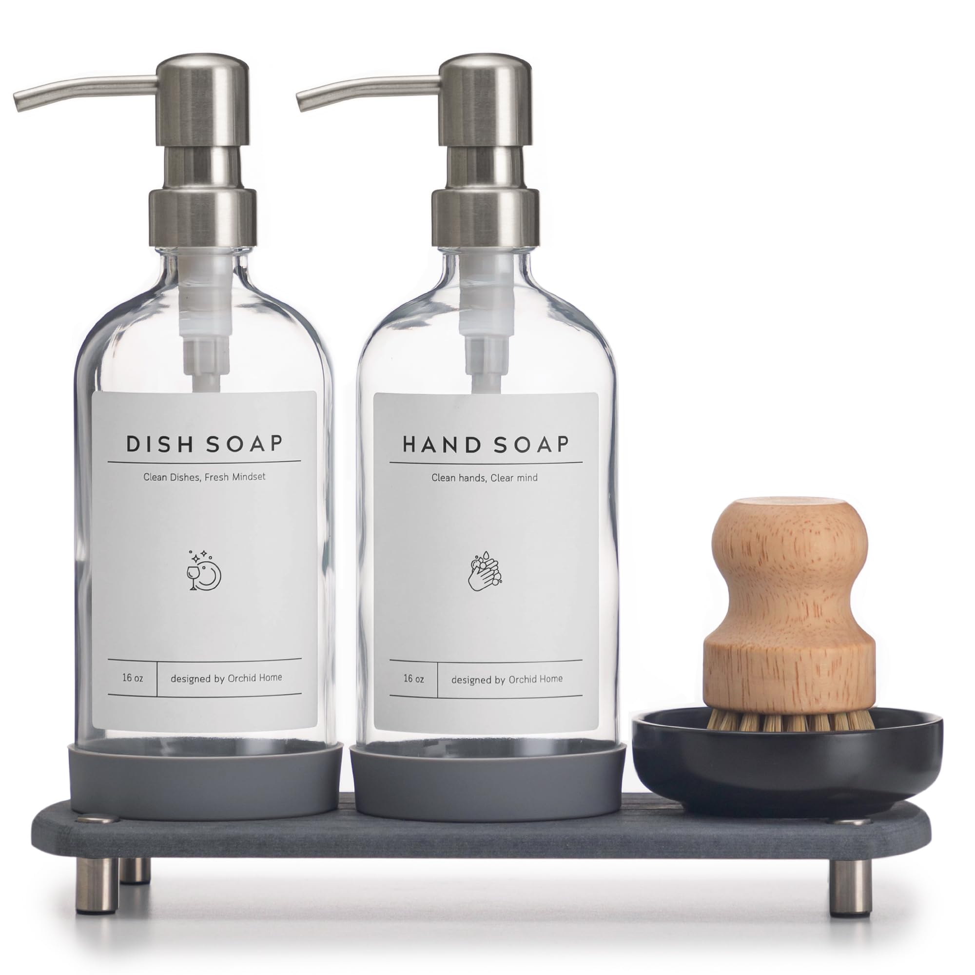 Kitchen Soap Dispenser Set With Drying Tray – 16oz Glass Bottles With Stainless Steel Pumps, Sink Organizer Caddy With Brush Holder & Non-Slip Feet – All -in-One Dish & Hand Soap Station