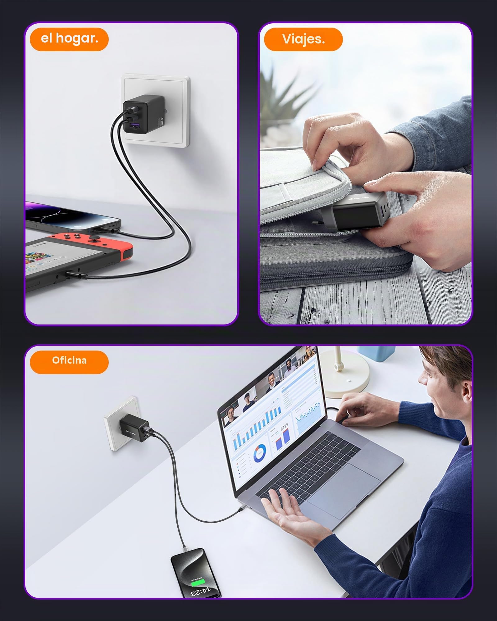 NOVOO USB C cargador rápido 67W adaptador de 3 puertos con 1 cable, GaN Tech