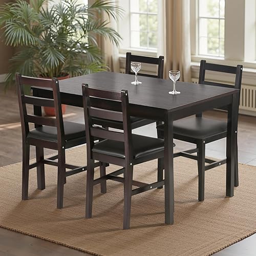 Miniatura 7 de FDW Juego de mesa de comedor de madera maciza de 5 piezas para 4 Marrón Diseño que ahorra espacio Superficie lisa y fácil de limpiar Mesa de