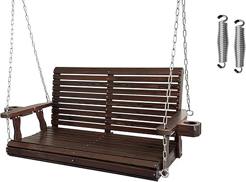 Miniatura 12 de Columpio de madera para porche de 2 plazas, con respaldo alto y asiento profundo, columpio con banco y portavasos, cadenas colgantes y resortes de 7