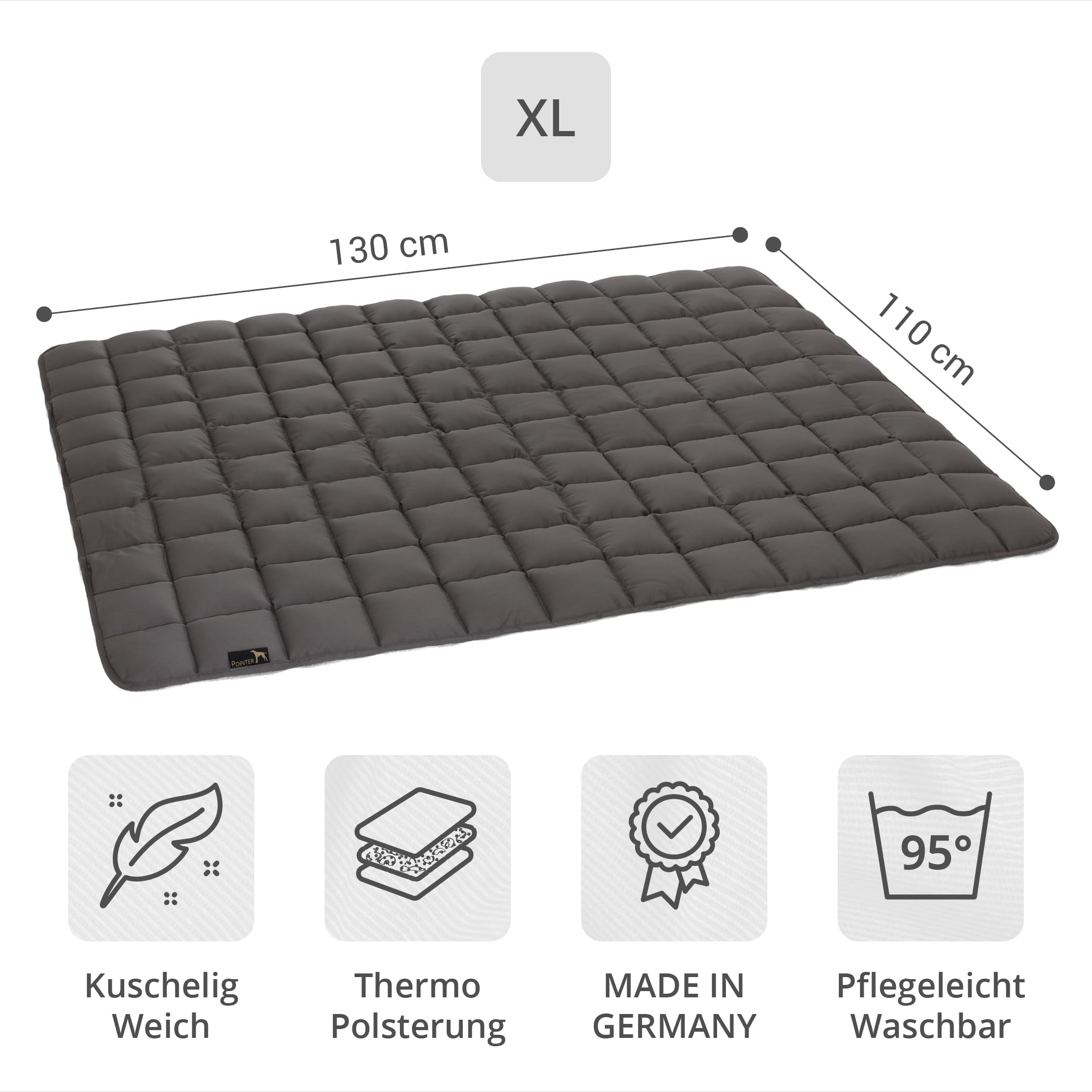 Pointer | Hundedecke 130 x 110 cm, Gepolstert & Strapazierfähig - Hundematte Waschbar bis 95°C, Liegedecke für Boden oder Sofaschutz - Outdoor geeignet (XL - 130x110 cm, Grau)